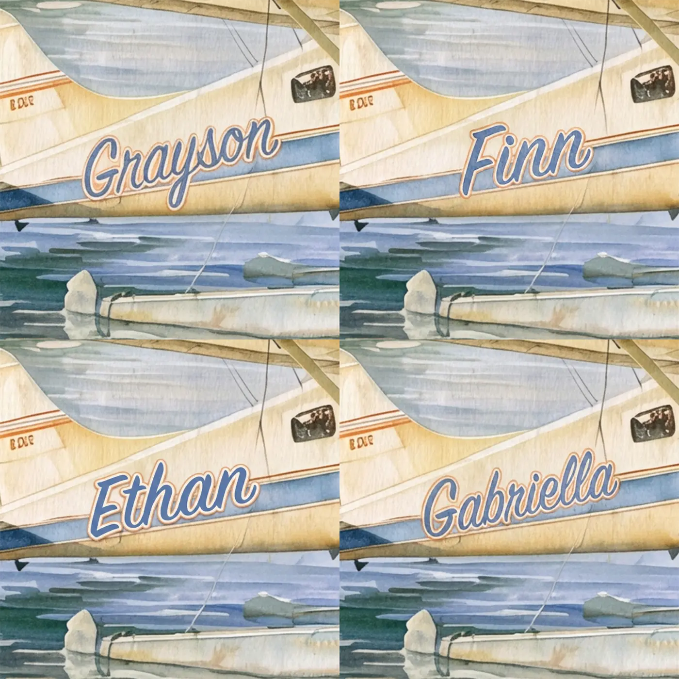 Four name preview examples of Seaplane Mountain Lake Personalized Wall Mural by Whimsy Tots