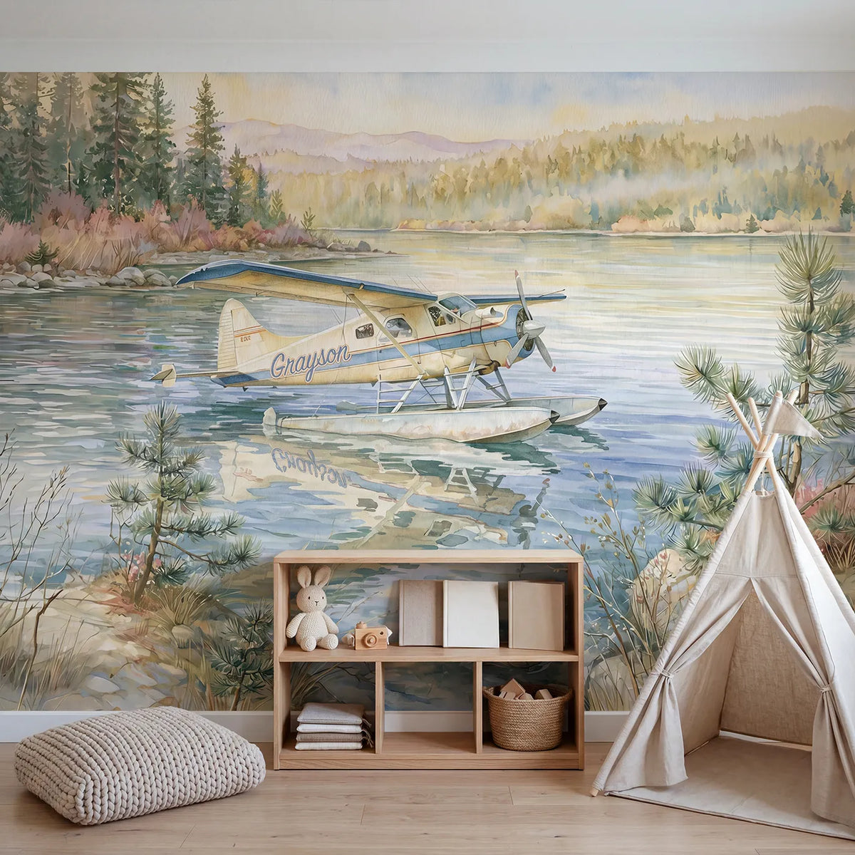 Seaplane Mountain Lake Personalized Wall Mural in playroom setting by Whimsy Tots