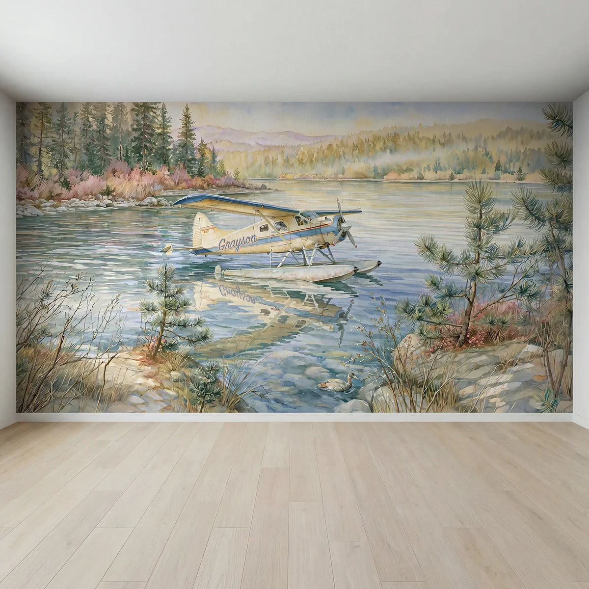 Full view of Seaplane Mountain Lake Personalized Wall Mural by Whimsy Tots