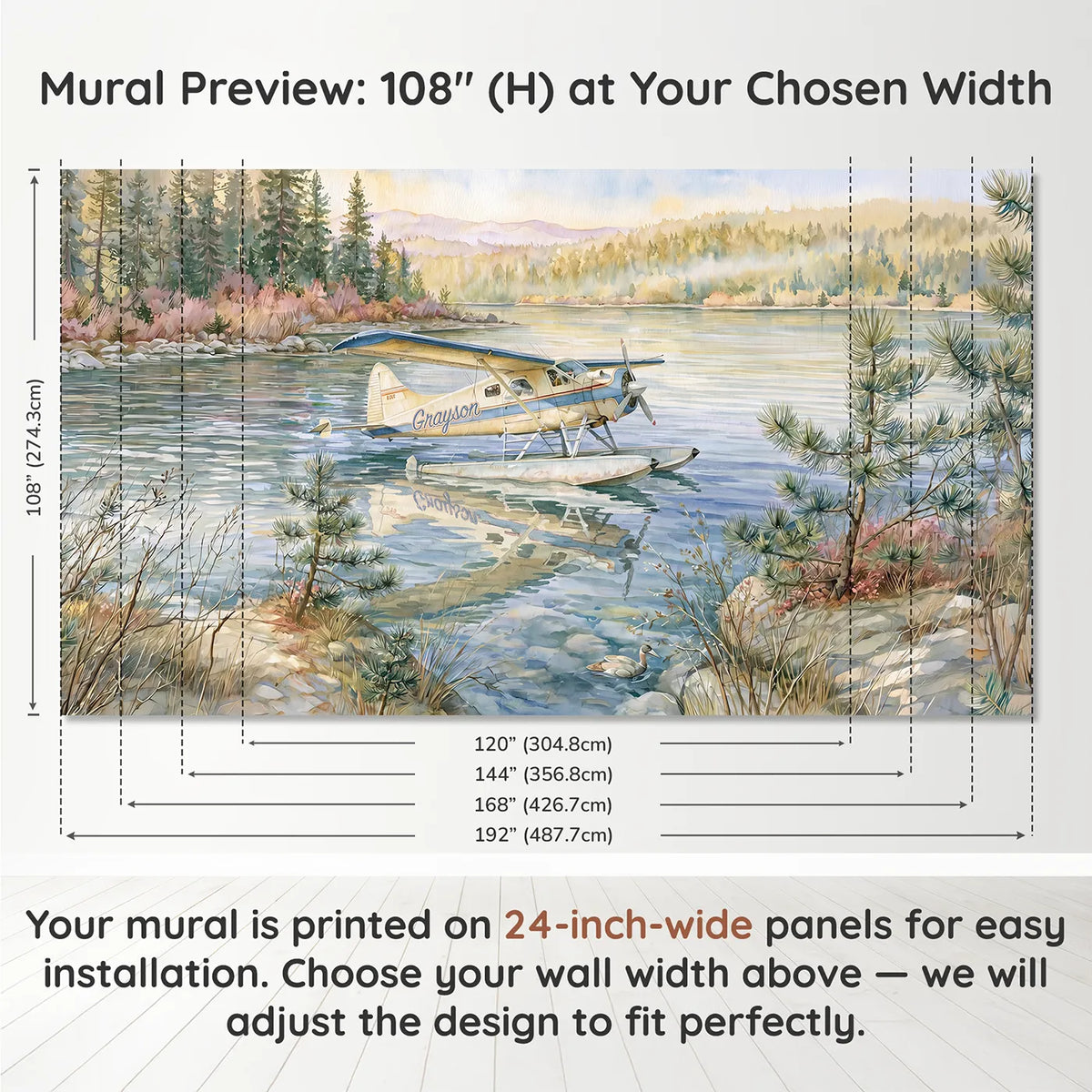 Panel layout and dimensions for Seaplane Mountain Lake Personalized Wall Mural by Whimsy Tots