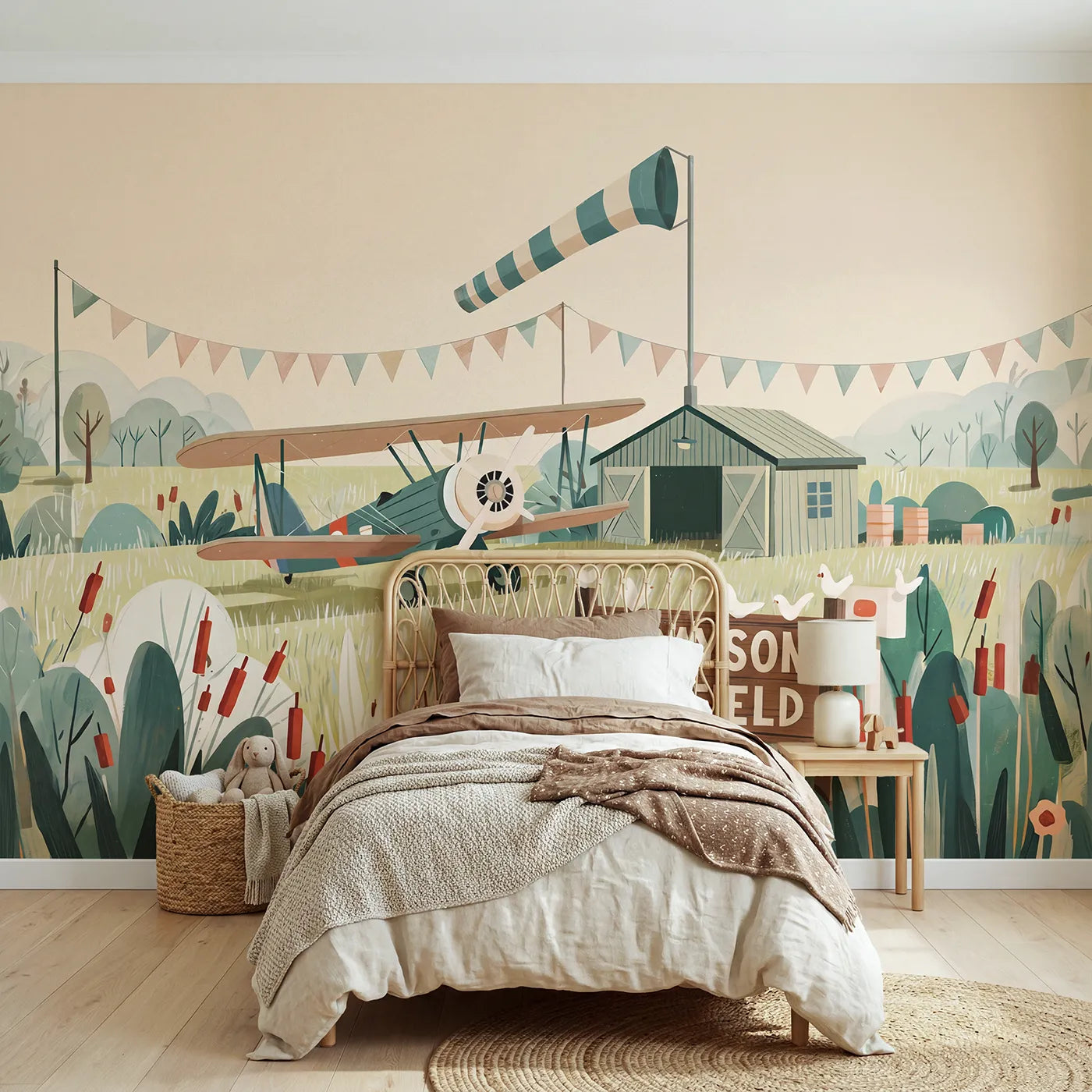 Modern Illustration airfield personalized wall mural with name sign for a playroom by Whimsy Tots