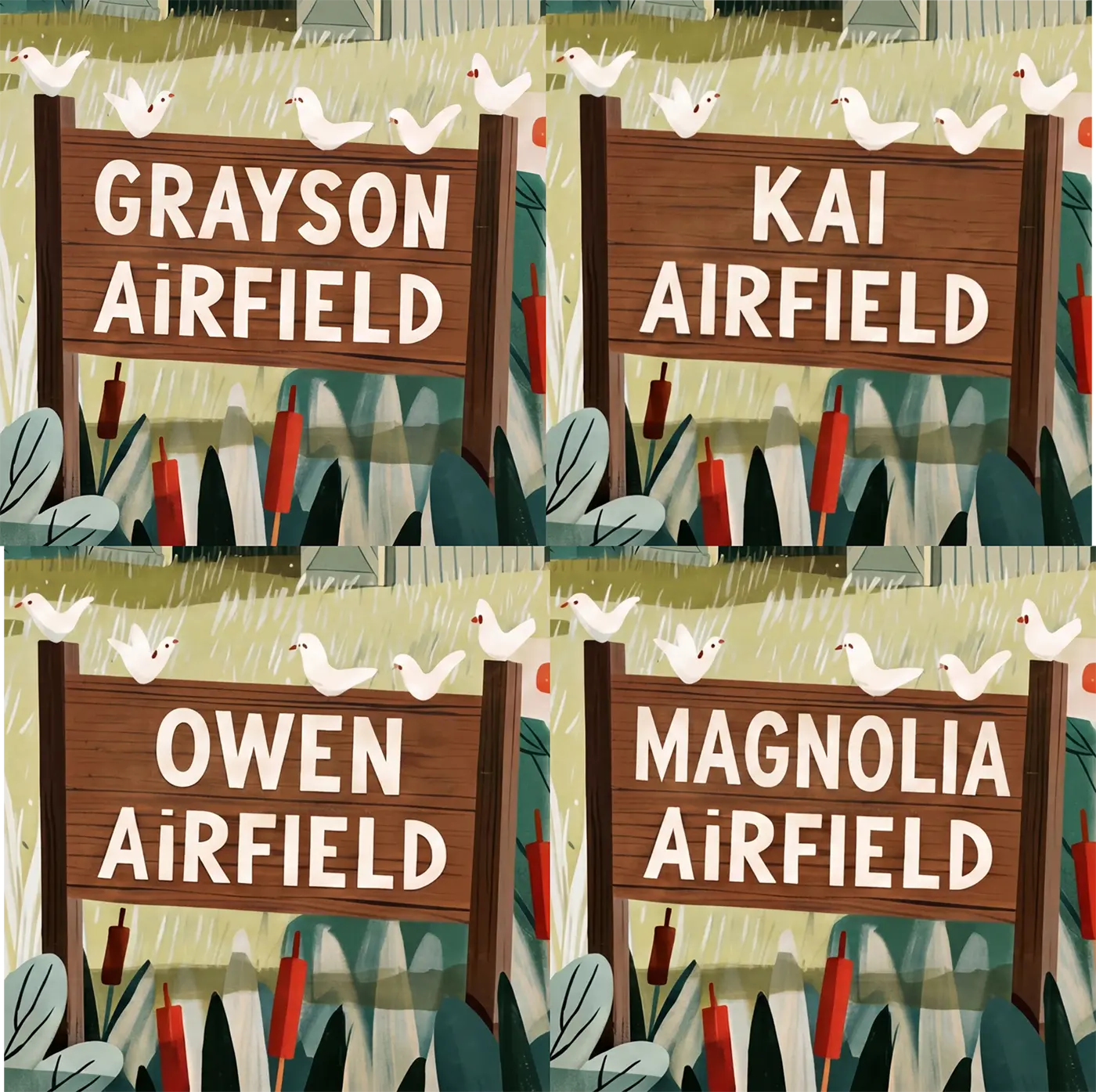 Four name preview examples of Vintage Plane Airfield Personalized Wall Mural by Whimsy Tots