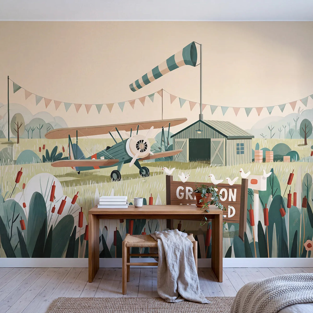 Vintage Plane Airfield Personalized Wall Mural in playroom setting by Whimsy Tots