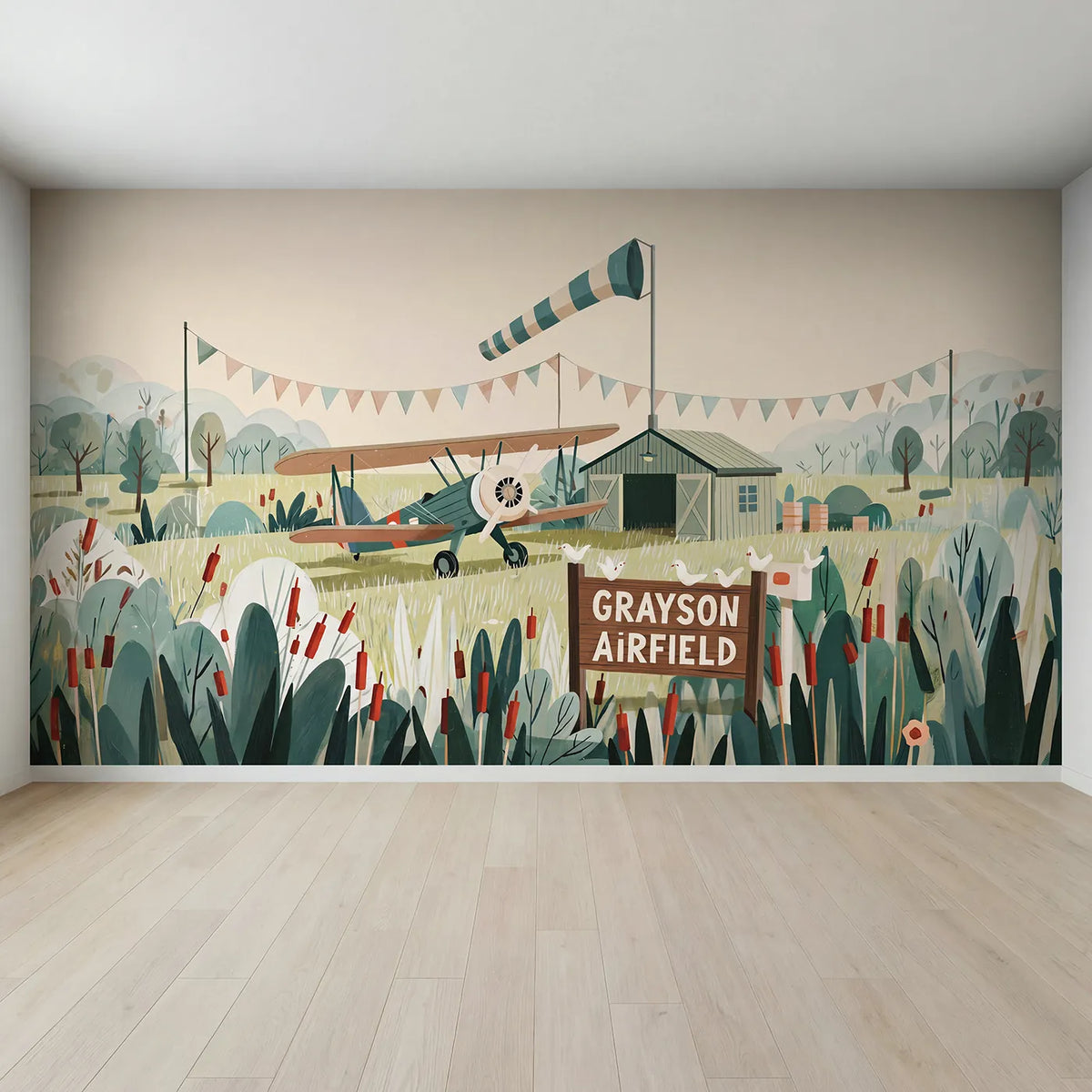 Full view of Vintage Plane Airfield Personalized Wall Mural by Whimsy Tots