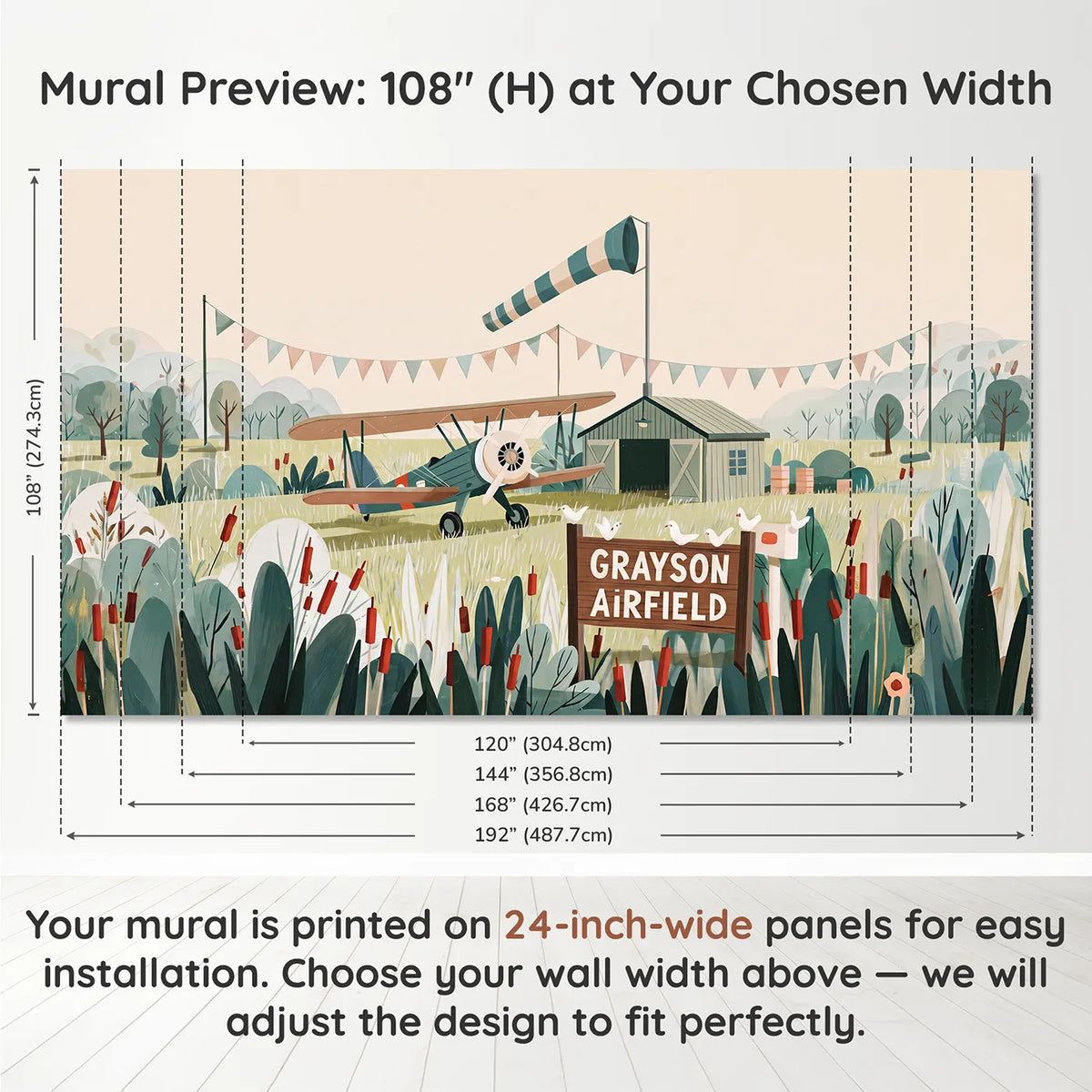 Panel layout and dimensions for Vintage Plane Airfield Personalized Wall Mural by Whimsy Tots