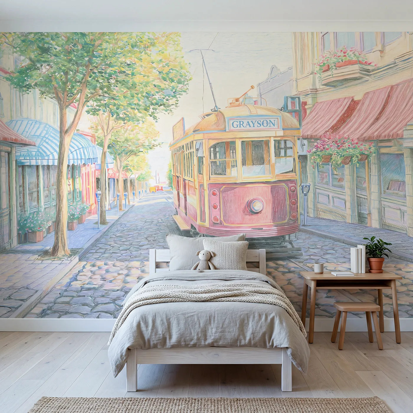 Colored Pencil vintage tram personalized wall mural with name for a toddler room by Whimsy Tots