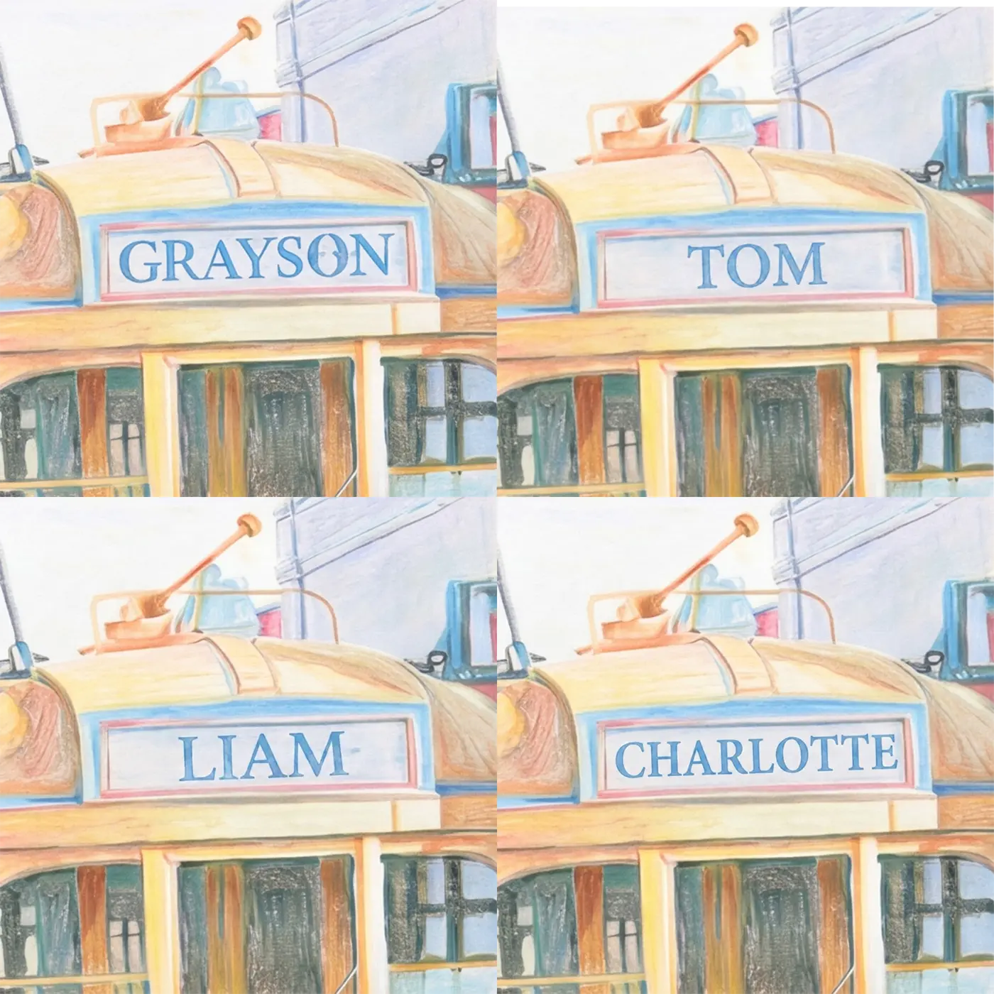 Four name preview examples of Vintage Town Tram Personalized Wall Mural by Whimsy Tots