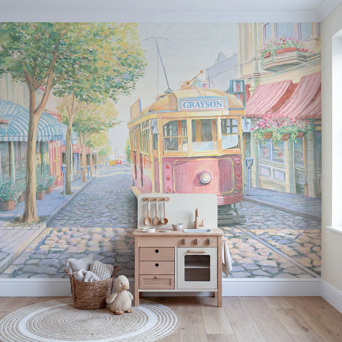 Vintage Town Tram Personalized Wall Mural in playroom setting by Whimsy Tots