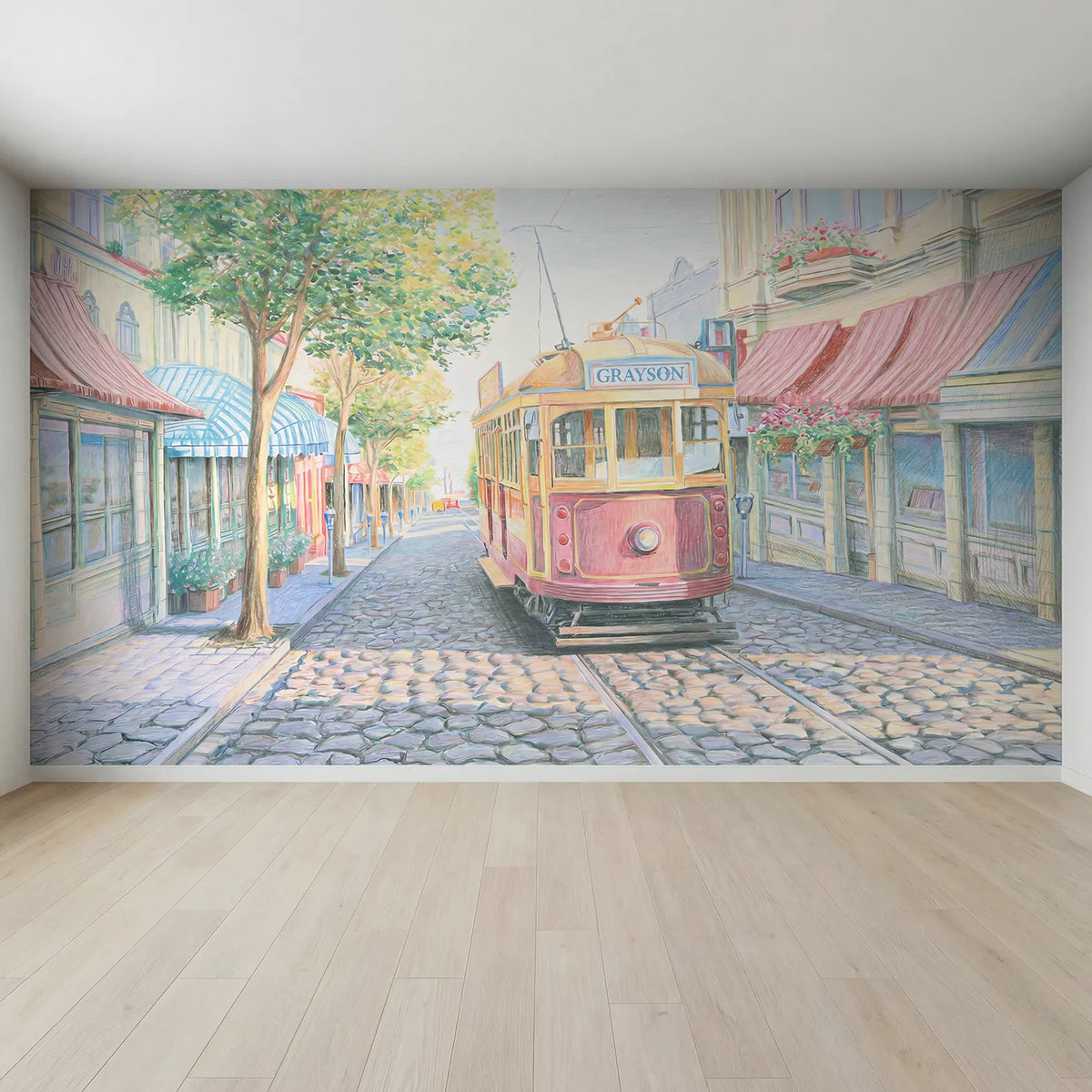 Full view of Vintage Town Tram Personalized Wall Mural by Whimsy Tots