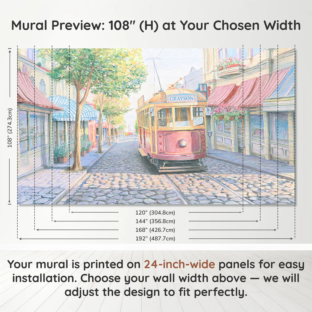 Panel layout and dimensions for Vintage Town Tram Personalized Wall Mural by Whimsy Tots
