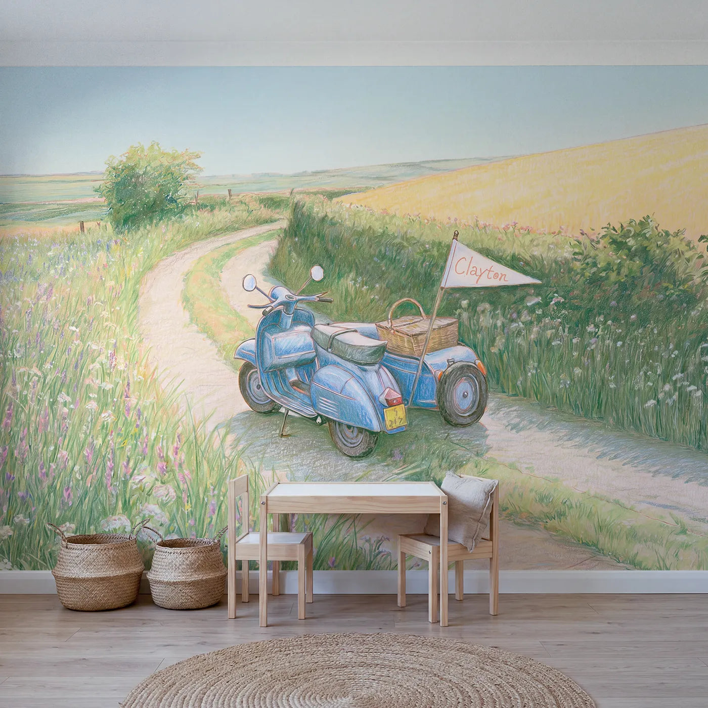Colored Pencil scooter sidecar personalized wall mural with name for a kids room by Whimsy Tots