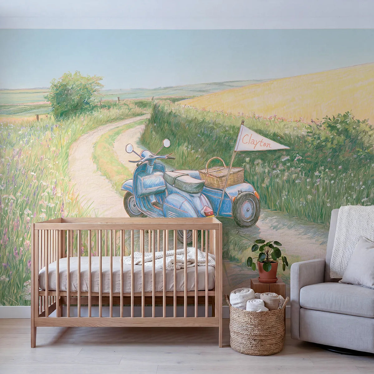 Scooter Sidecar Lane Personalized Wall Mural in playroom setting by Whimsy Tots