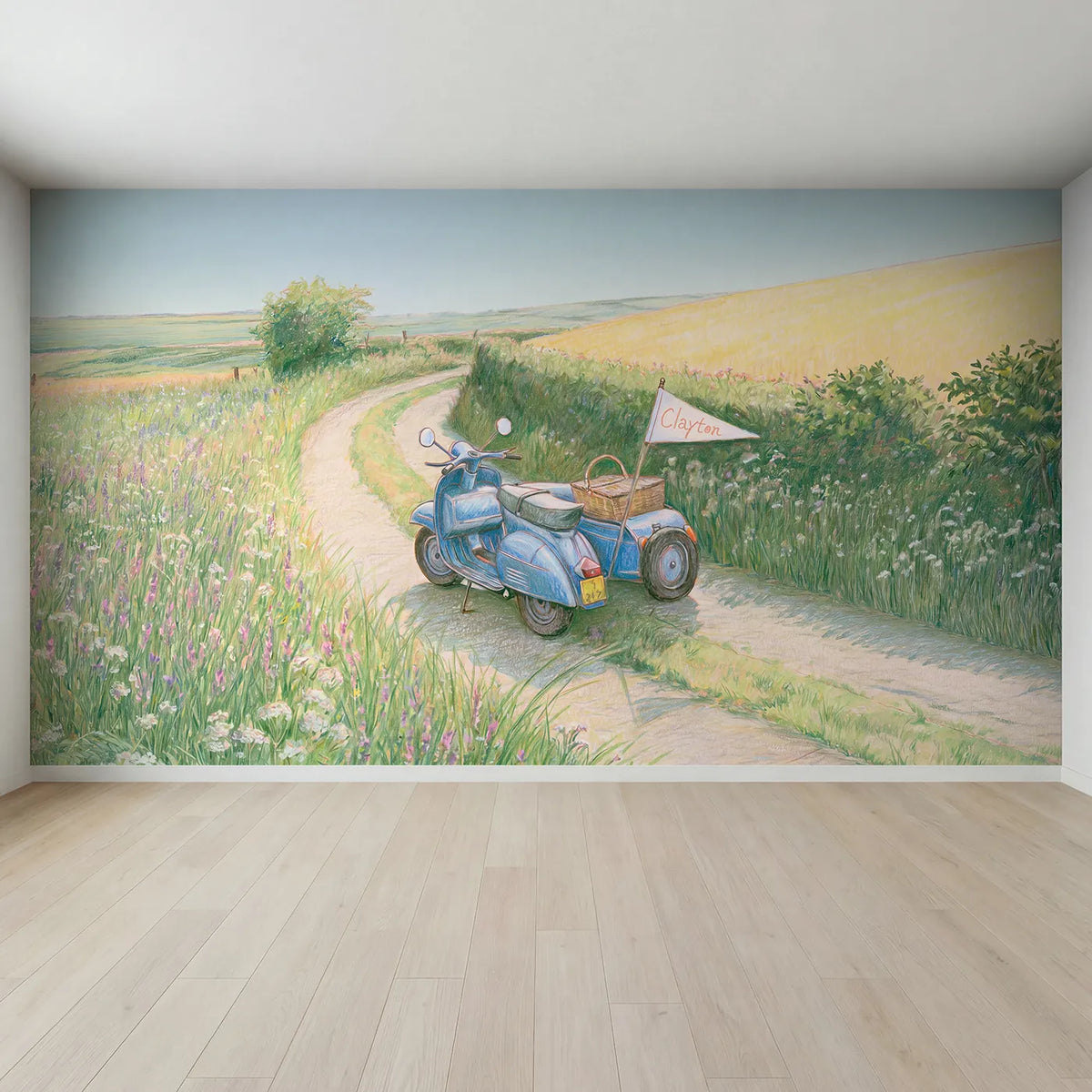 Full view of Scooter Sidecar Lane Personalized Wall Mural by Whimsy Tots