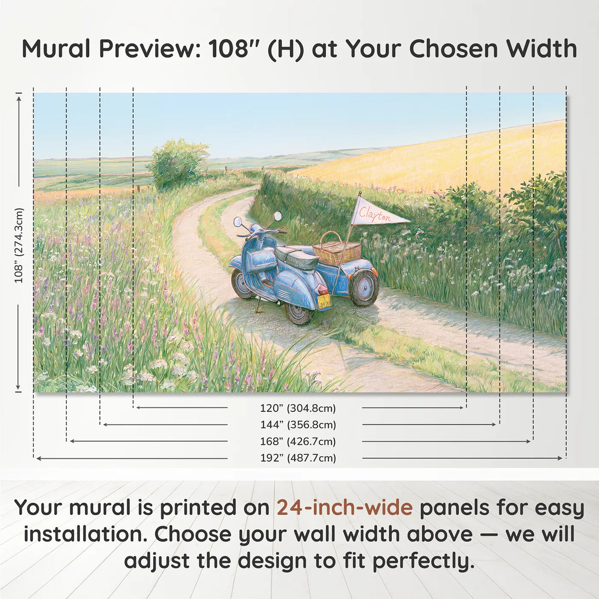 Panel layout and dimensions for Scooter Sidecar Lane Personalized Wall Mural by Whimsy Tots