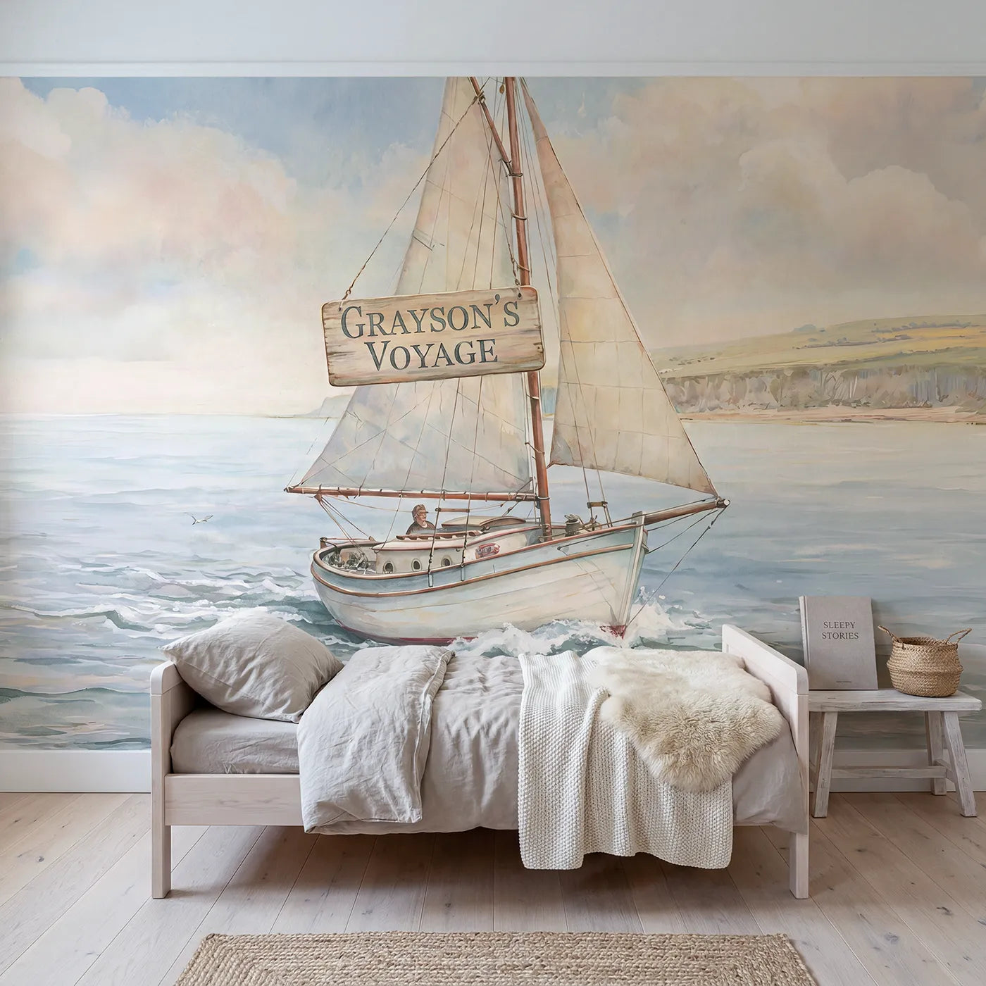 Storybook sailboat personalized wall mural with name at the mast for a nursery by Whimsy Tots