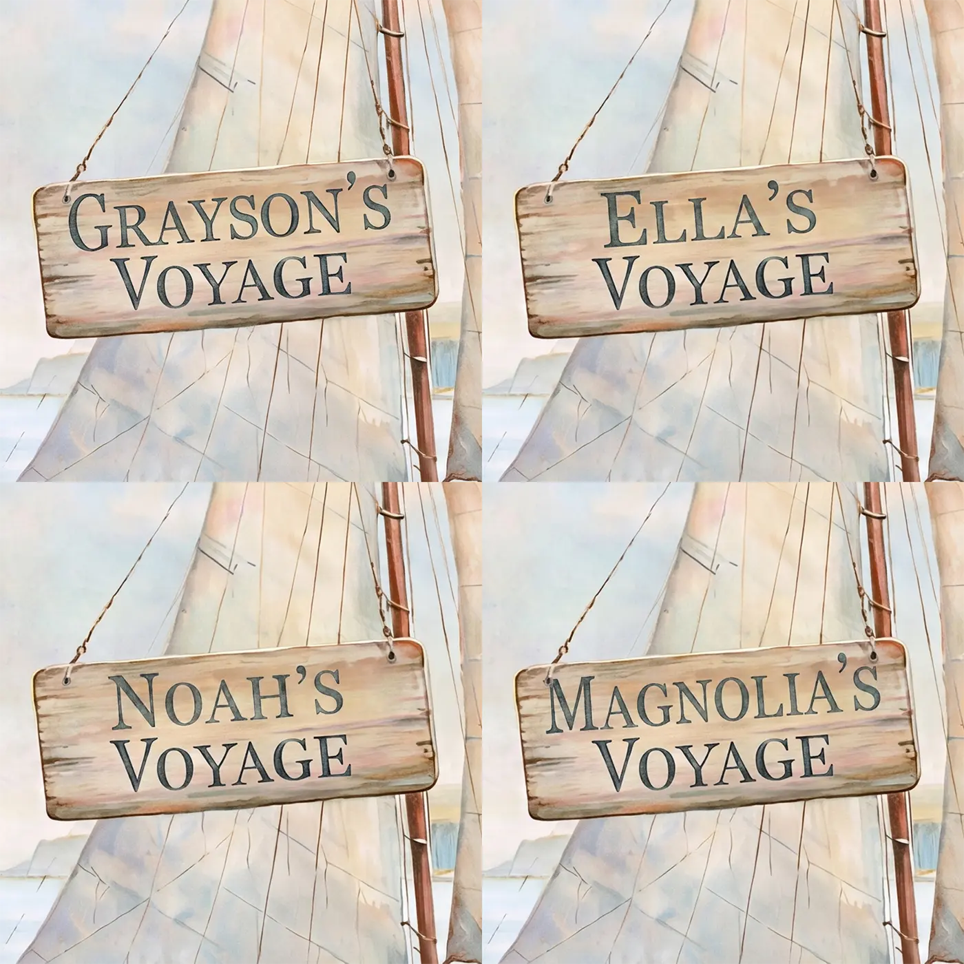 Four name preview examples of Little Sailboat Voyage Personalized Wall Mural by Whimsy Tots