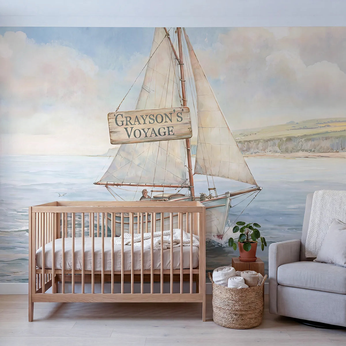 Little Sailboat Voyage Personalized Wall Mural in playroom setting by Whimsy Tots