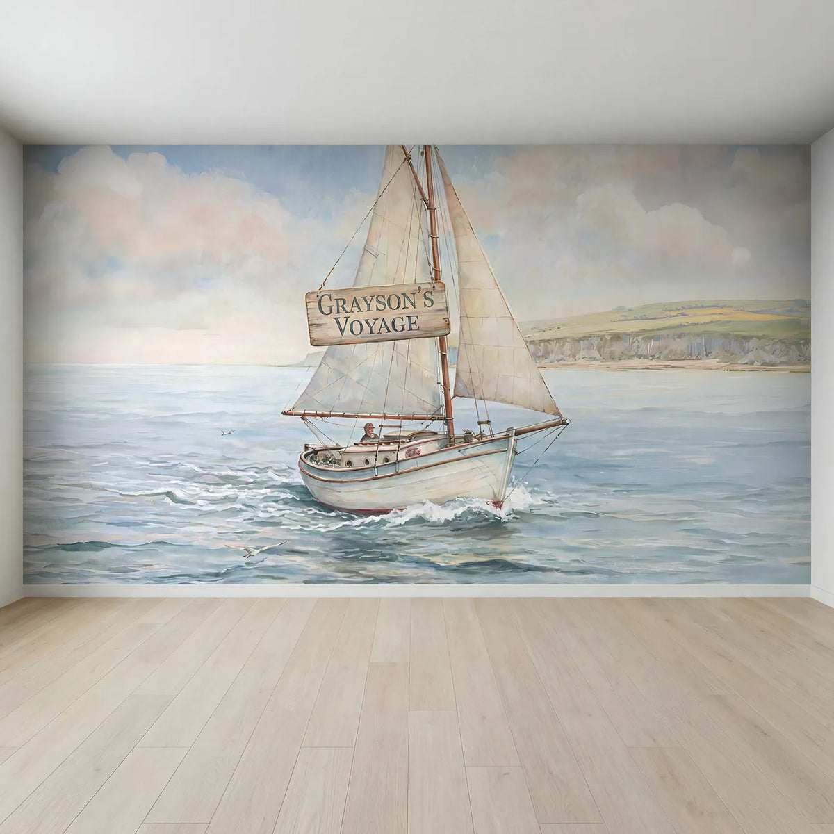 Full view of Little Sailboat Voyage Personalized Wall Mural by Whimsy Tots