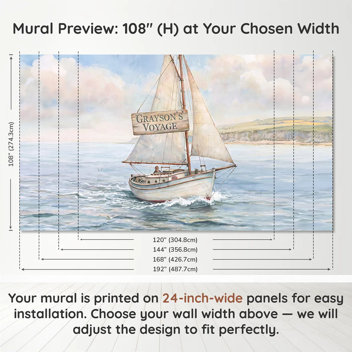 Panel layout and dimensions for Little Sailboat Voyage Personalized Wall Mural by Whimsy Tots