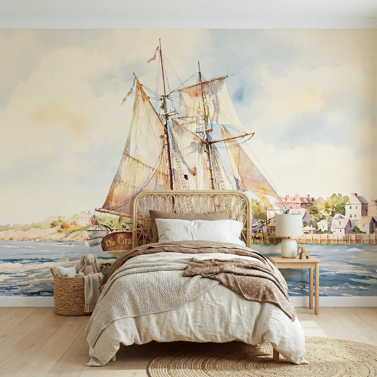 Watercolor tall ship personalized wall mural with name on the stern for a bedroom by Whimsy Tots