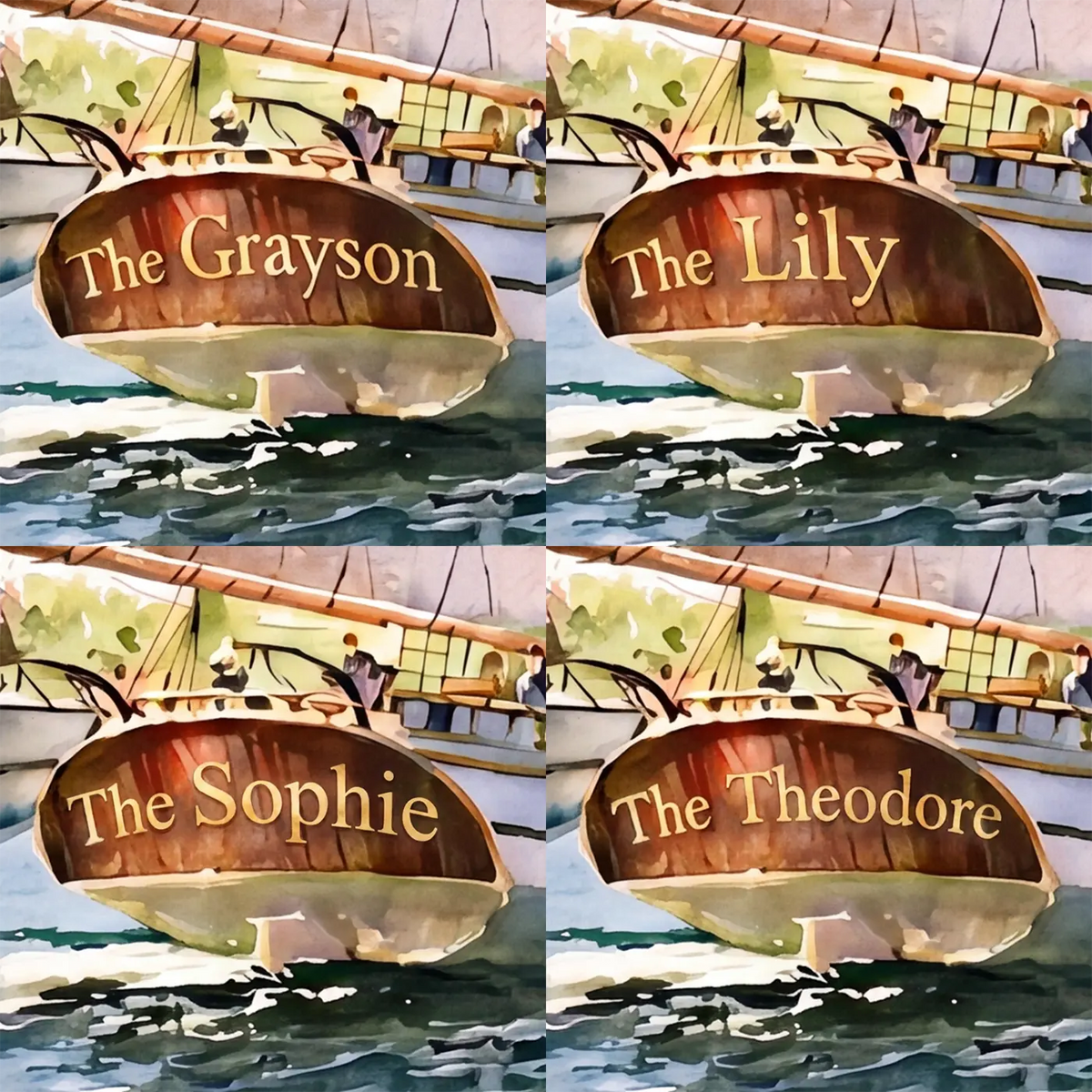 Four name preview examples of Grand Tall Ship Personalized Wall Mural by Whimsy Tots