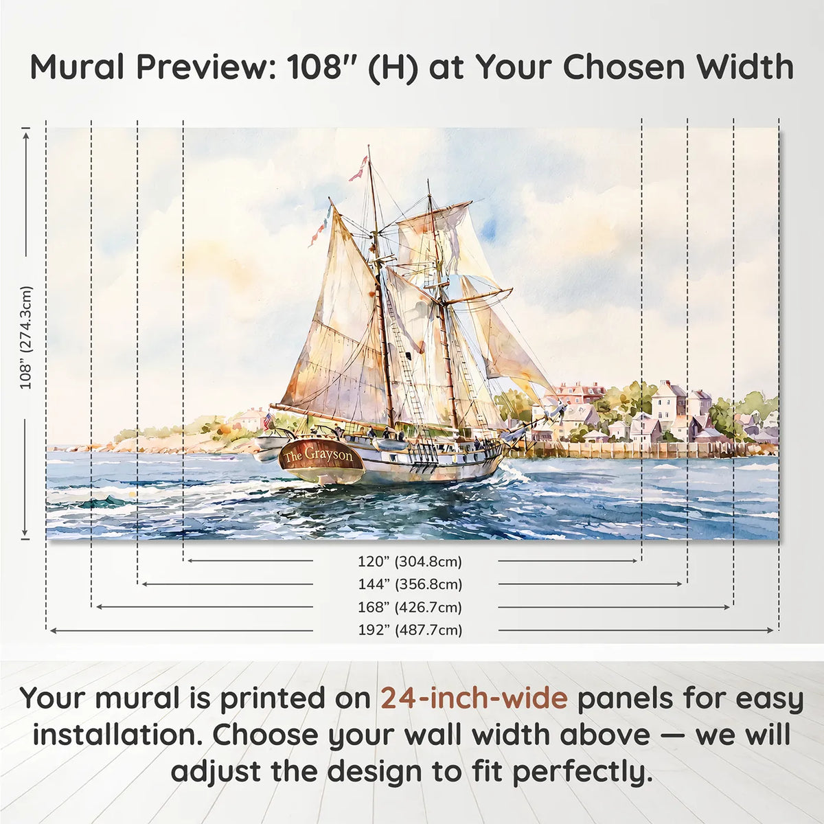 Panel layout and dimensions for Grand Tall Ship Personalized Wall Mural by Whimsy Tots