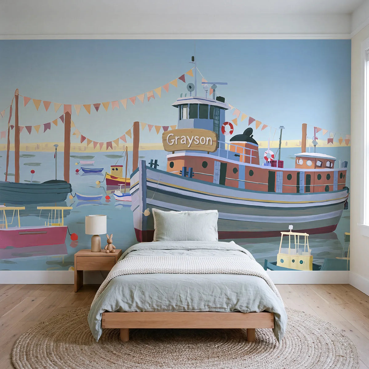 Modern Illustration tugboat personalized wall mural with name for a toddler room by Whimsy Tots