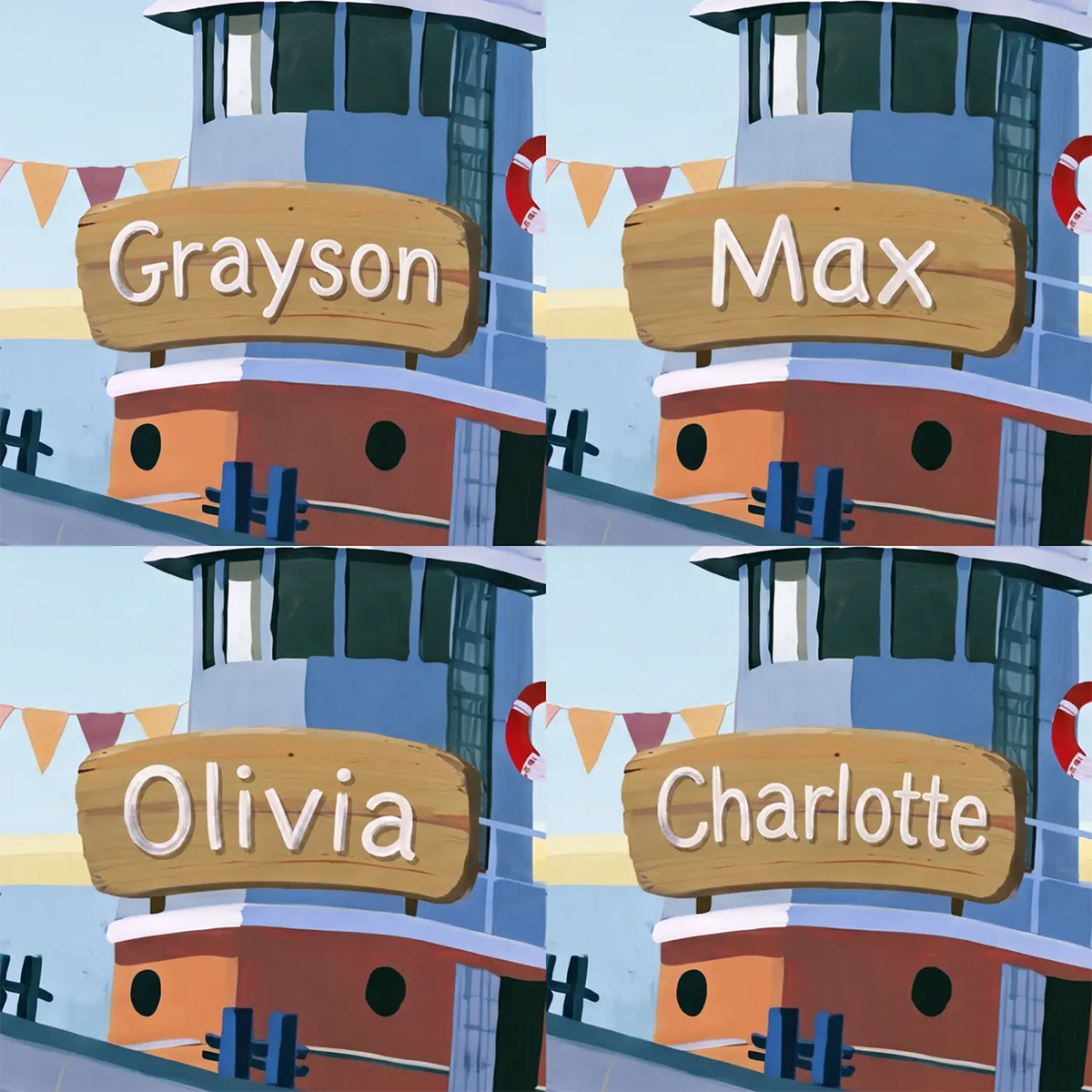 Four name preview examples of Cheerful Harbor Tugboat Personalized Wall Mural by Whimsy Tots