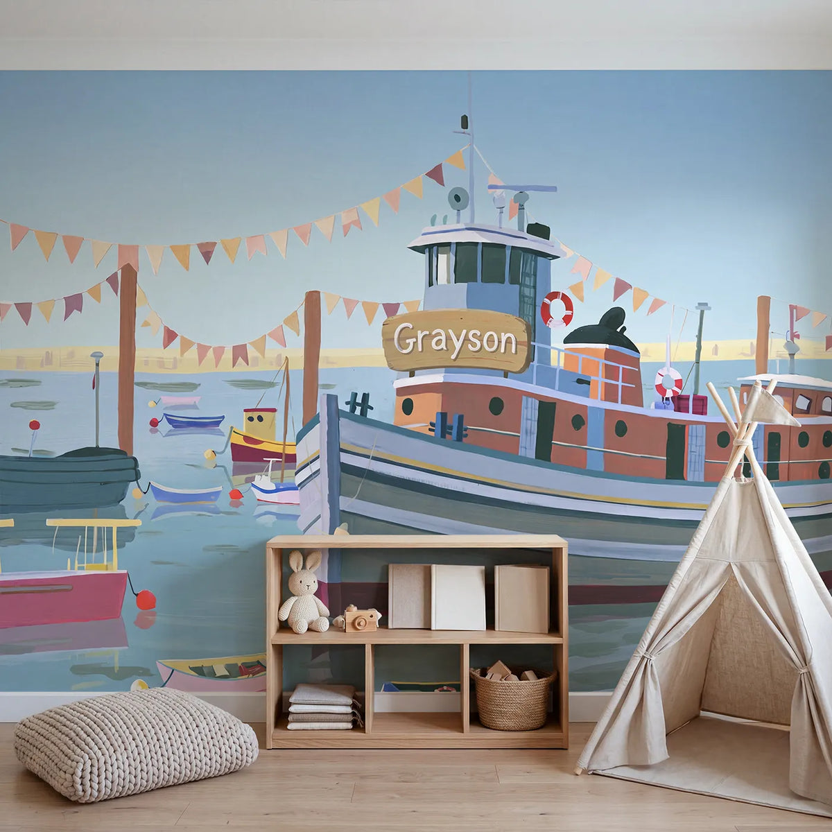 Cheerful Harbor Tugboat Personalized Wall Mural in playroom setting by Whimsy Tots