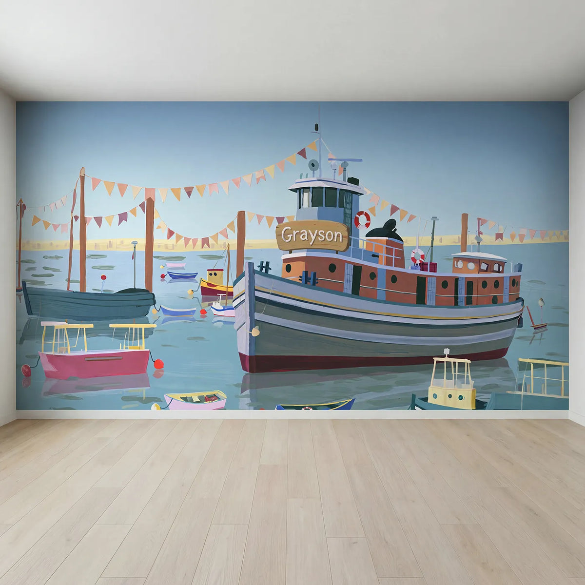 Full view of Cheerful Harbor Tugboat Personalized Wall Mural by Whimsy Tots