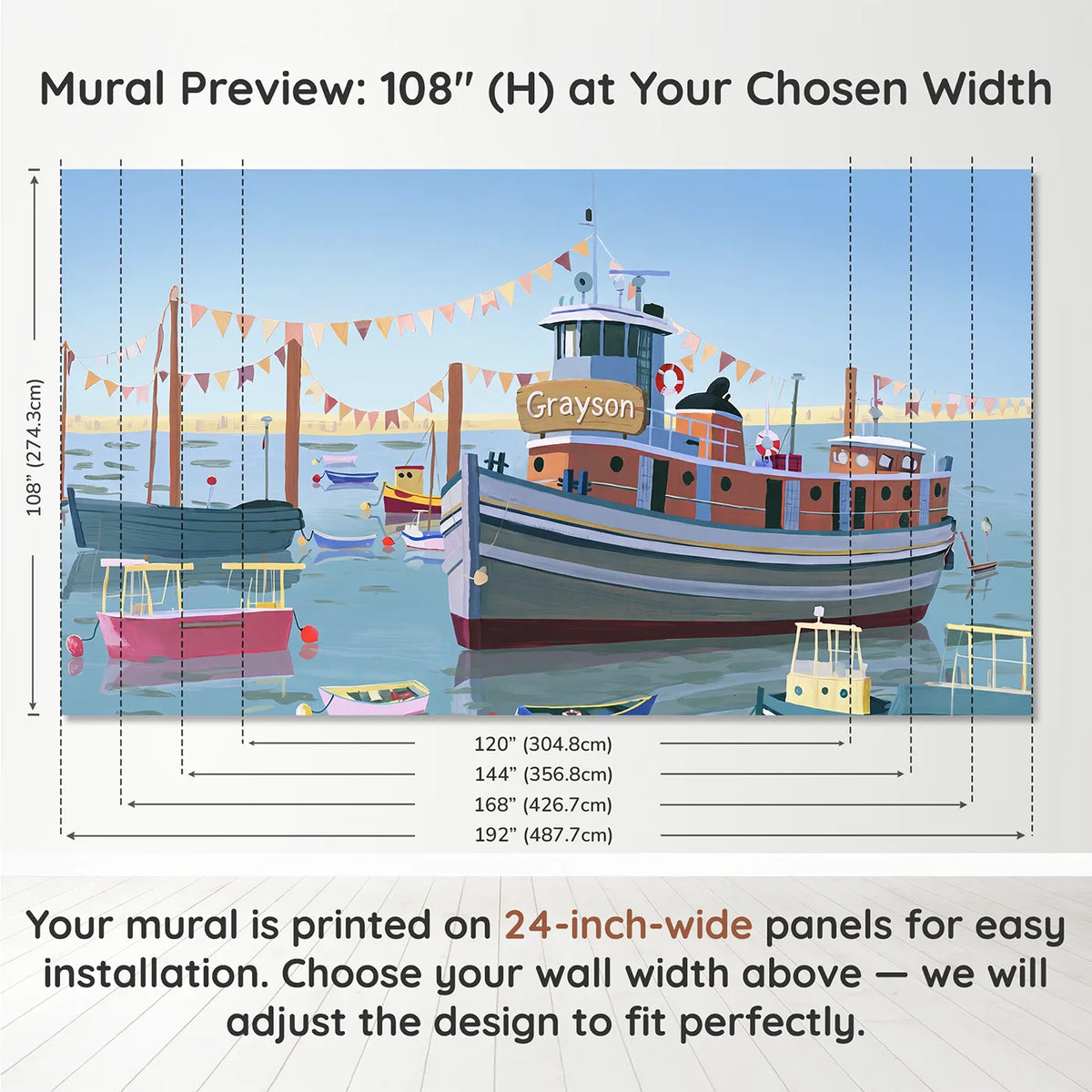 Panel layout and dimensions for Cheerful Harbor Tugboat Personalized Wall Mural by Whimsy Tots