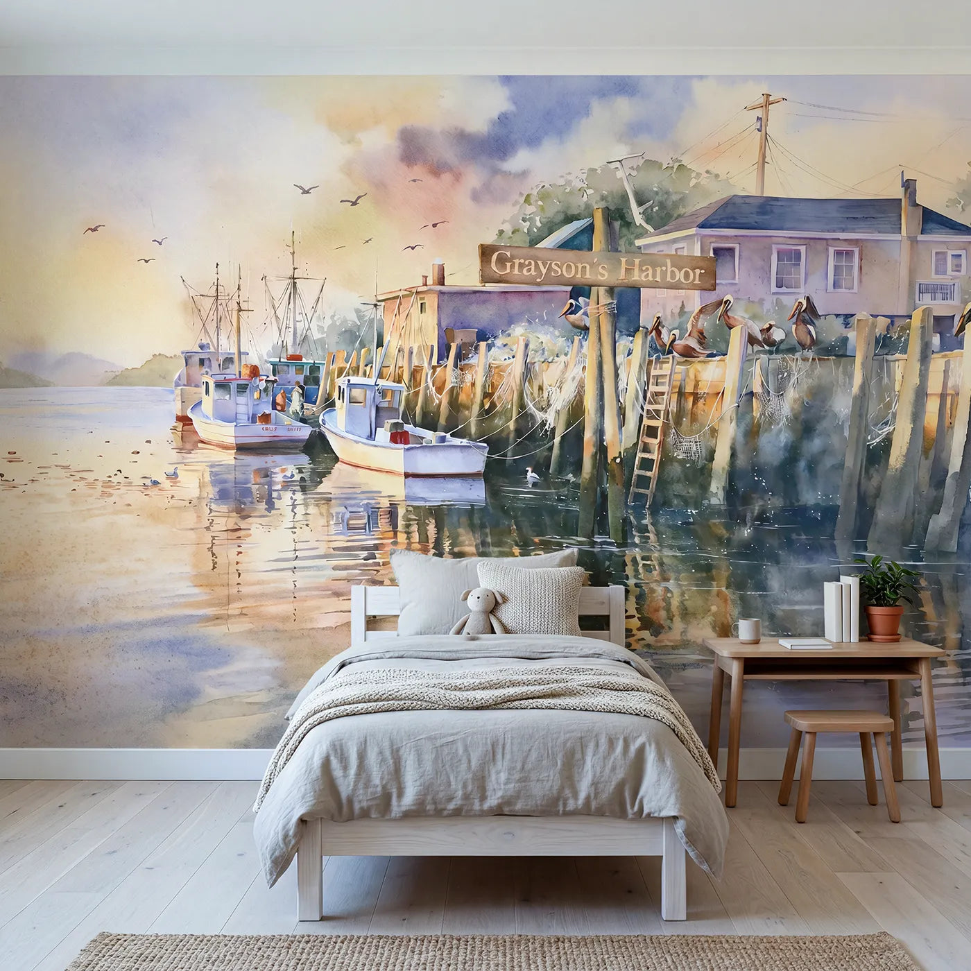 Watercolor fishing harbor personalized wall mural with name on quay for a kids room by Whimsy Tots