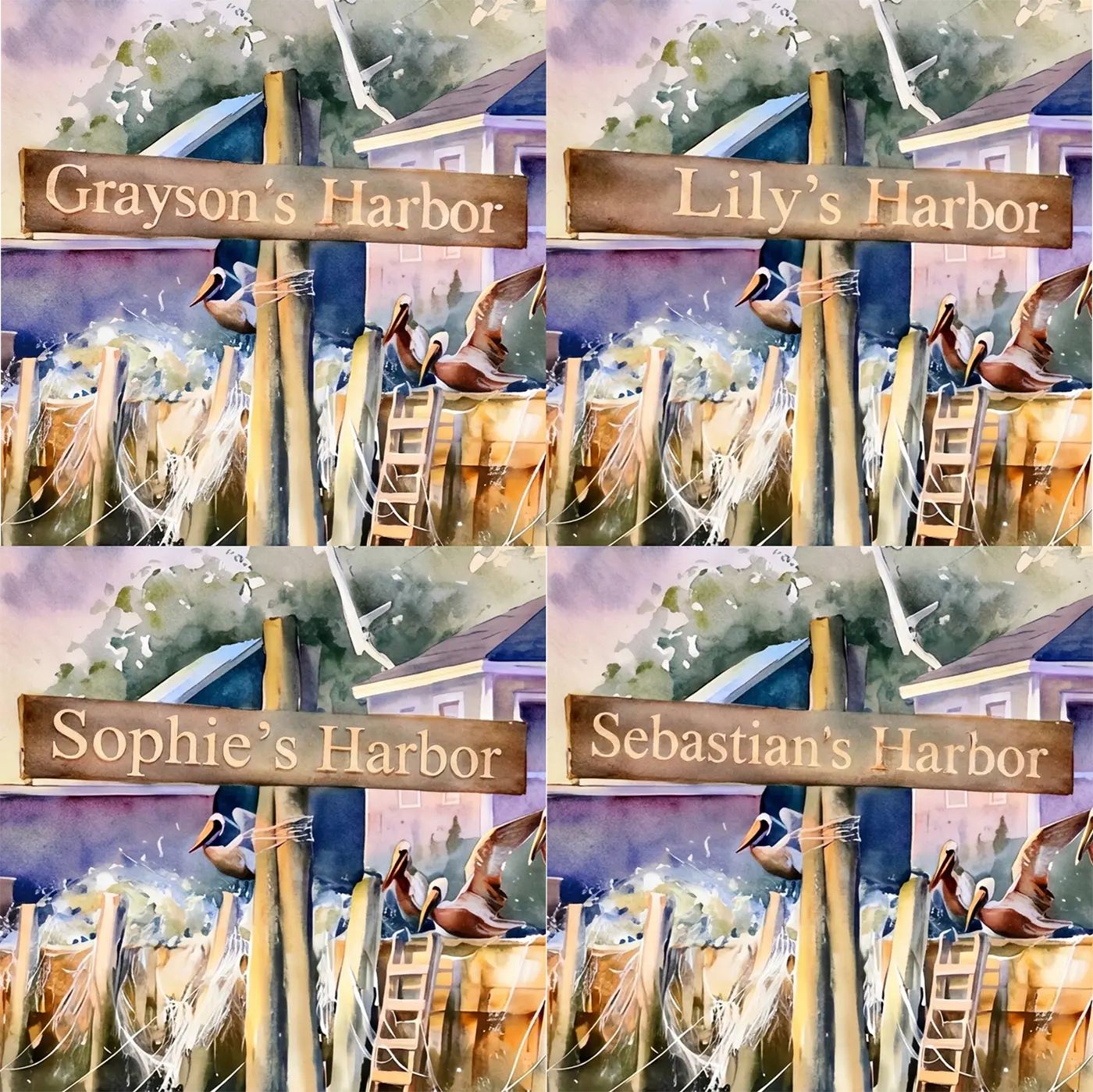 Four name preview examples of Cozy Fishing Harbor Personalized Wall Mural by Whimsy Tots