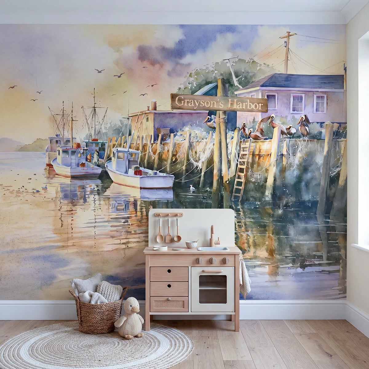 Cozy Fishing Harbor Personalized Wall Mural in playroom setting by Whimsy Tots