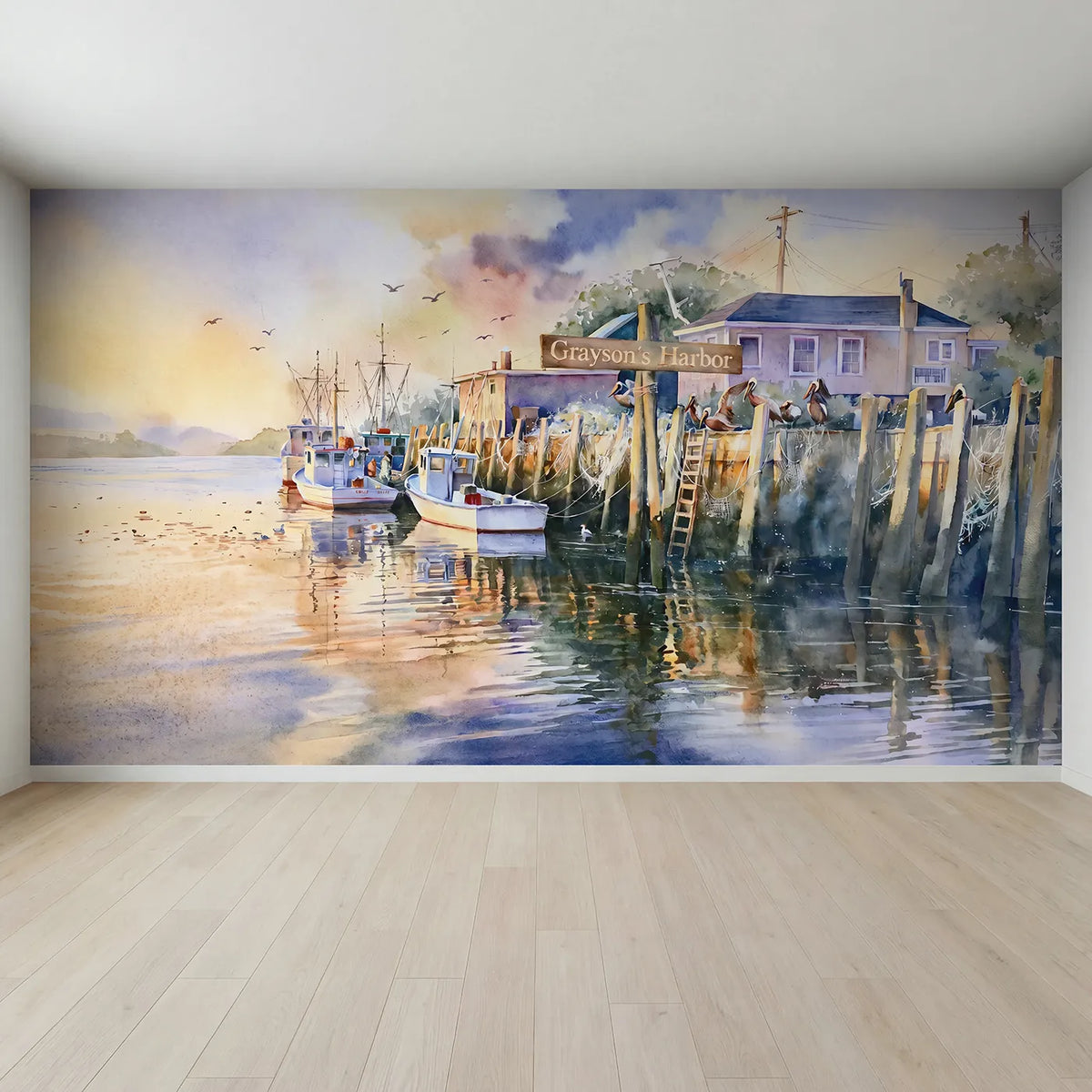 Full view of Cozy Fishing Harbor Personalized Wall Mural by Whimsy Tots