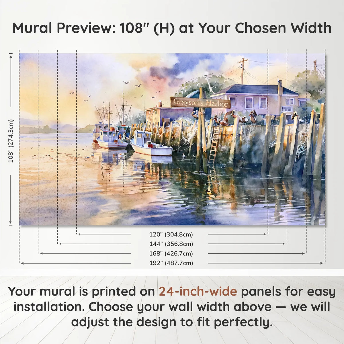 Panel layout and dimensions for Cozy Fishing Harbor Personalized Wall Mural by Whimsy Tots