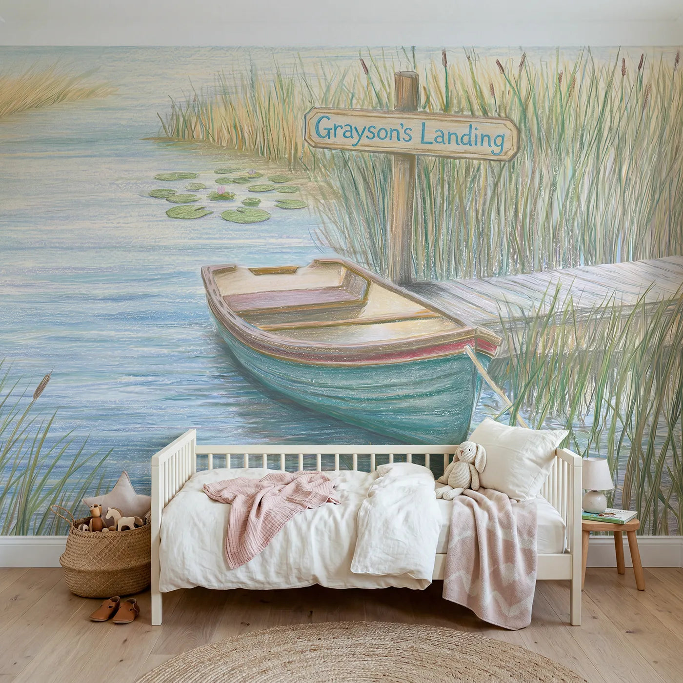 Colored Pencil rowboat cove personalized wall mural with name post for a nursery by Whimsy Tots