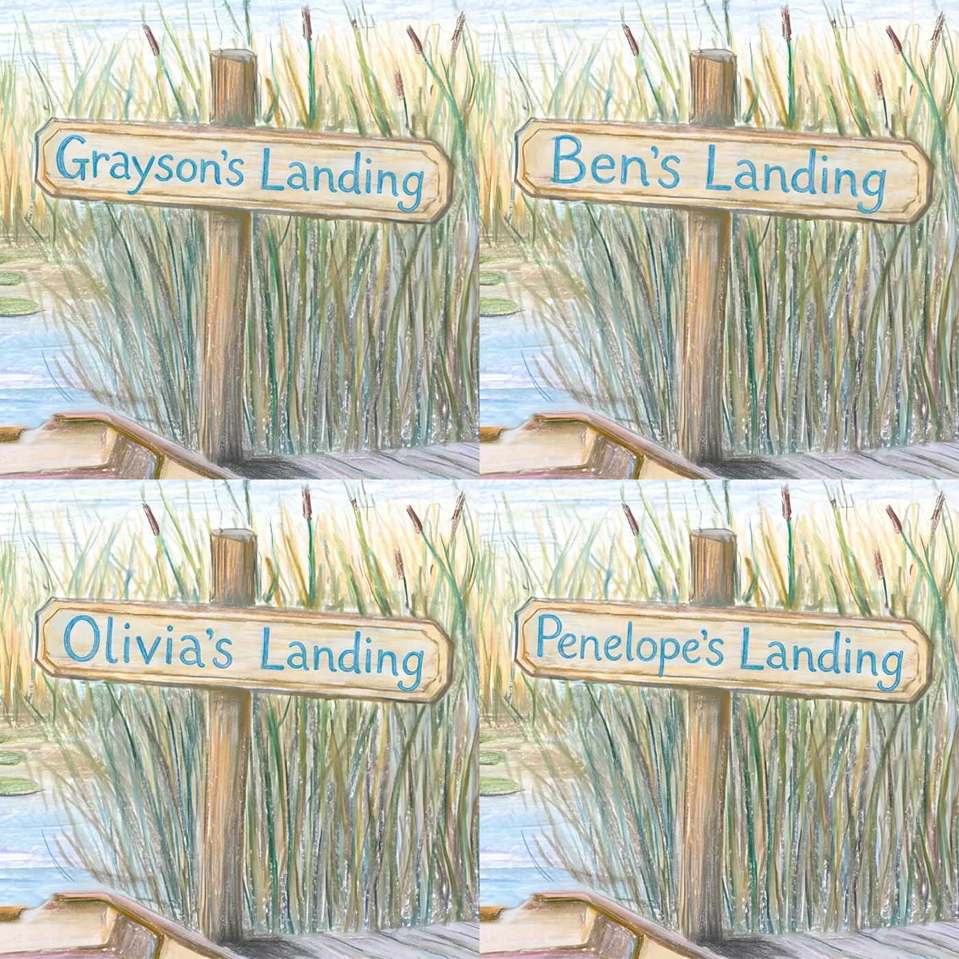 Four name preview examples of Gentle Rowboat Cove Personalized Wall Mural by Whimsy Tots