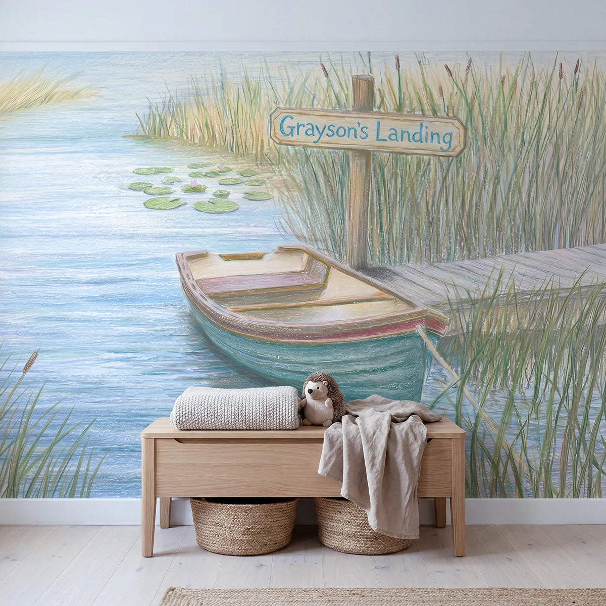 Gentle Rowboat Cove Personalized Wall Mural in playroom setting by Whimsy Tots