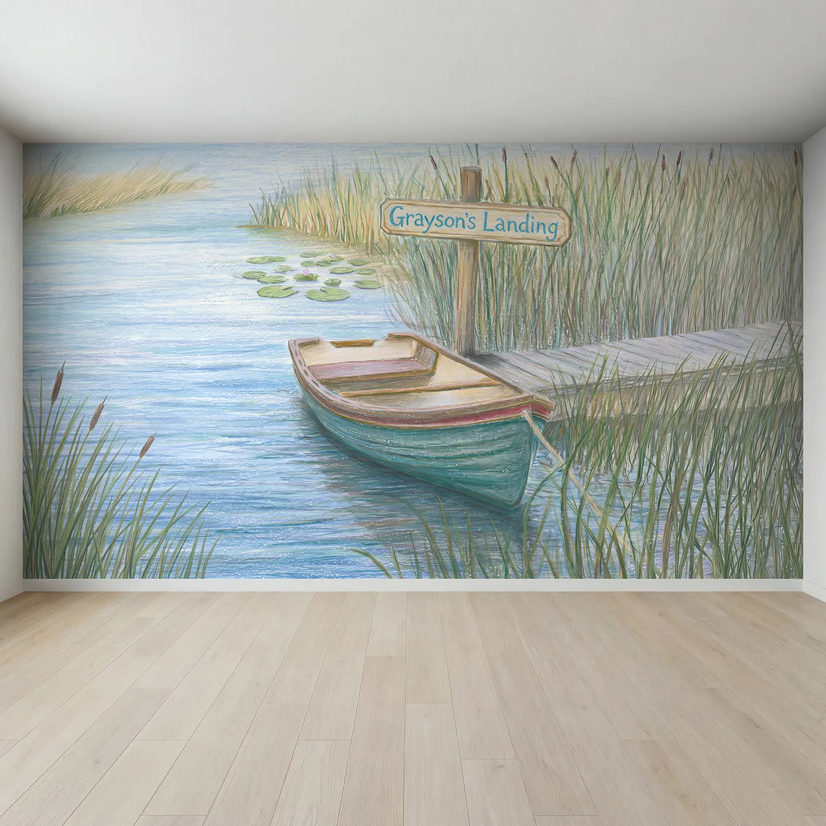 Full view of Gentle Rowboat Cove Personalized Wall Mural by Whimsy Tots