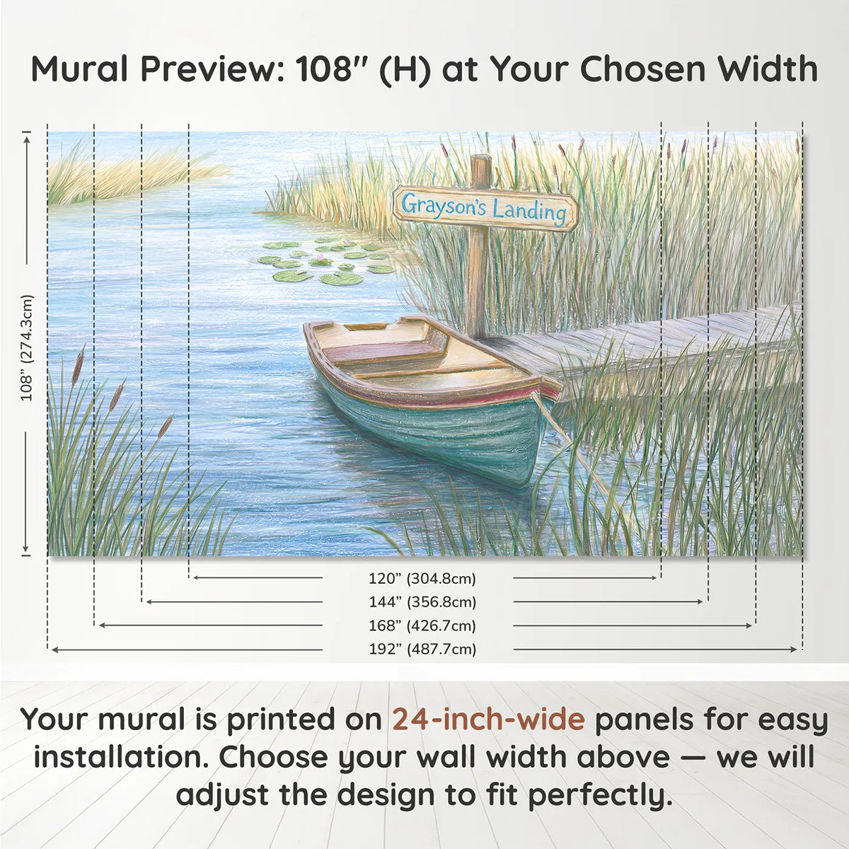 Panel layout and dimensions for Gentle Rowboat Cove Personalized Wall Mural by Whimsy Tots