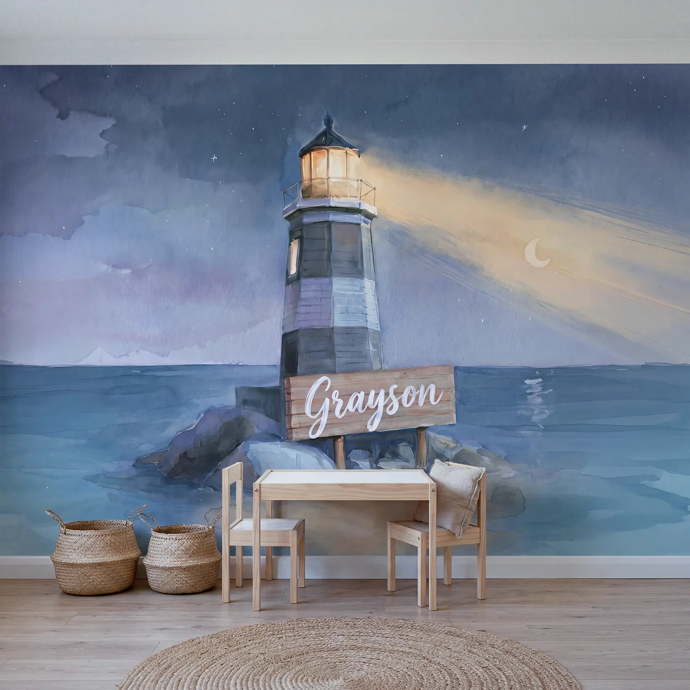 Watercolor night lighthouse personalized wall mural with glowing name for a nursery by Whimsy Tots