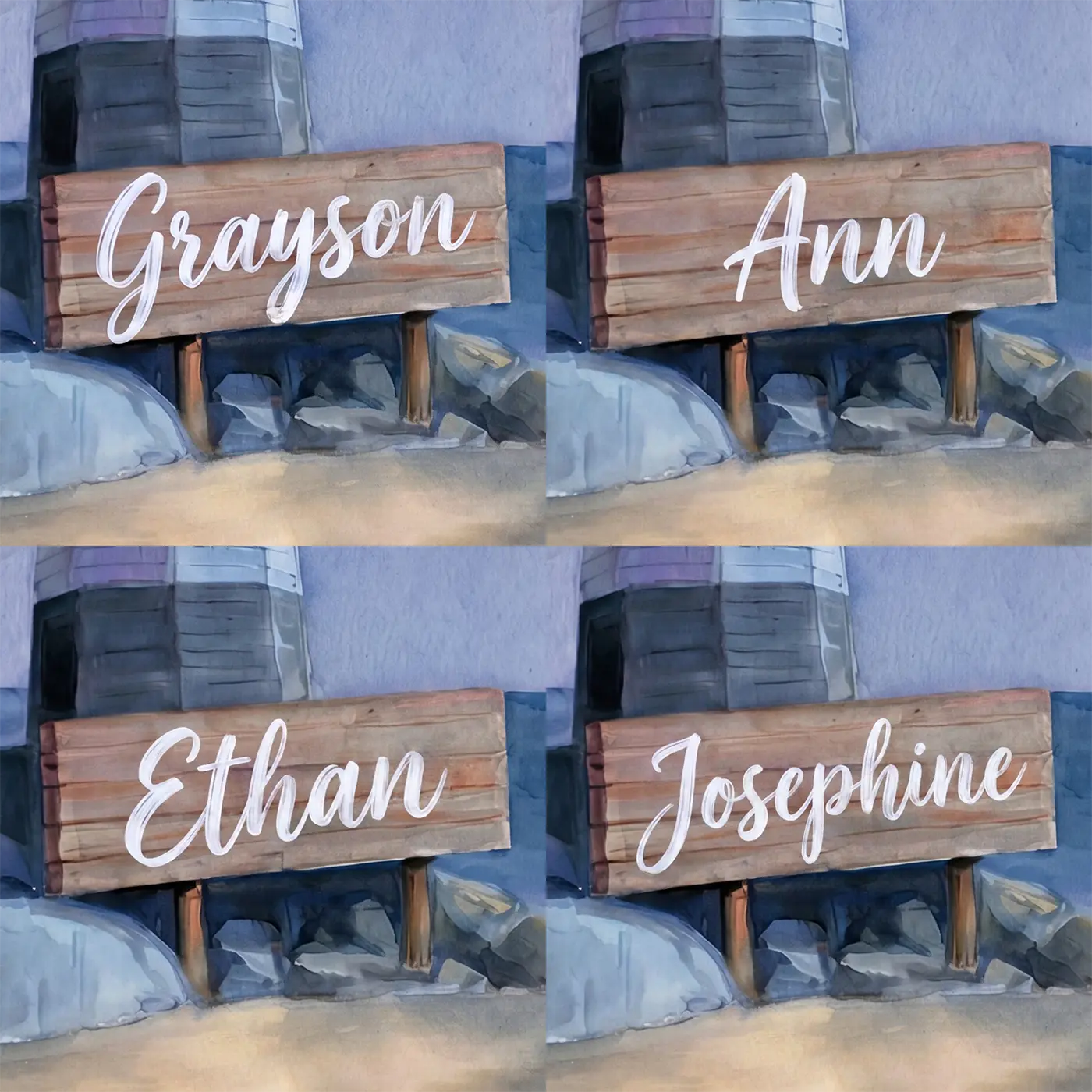 Four name preview examples of Dreamy Coastal Lighthouse Personalized Wall Mural by Whimsy Tots