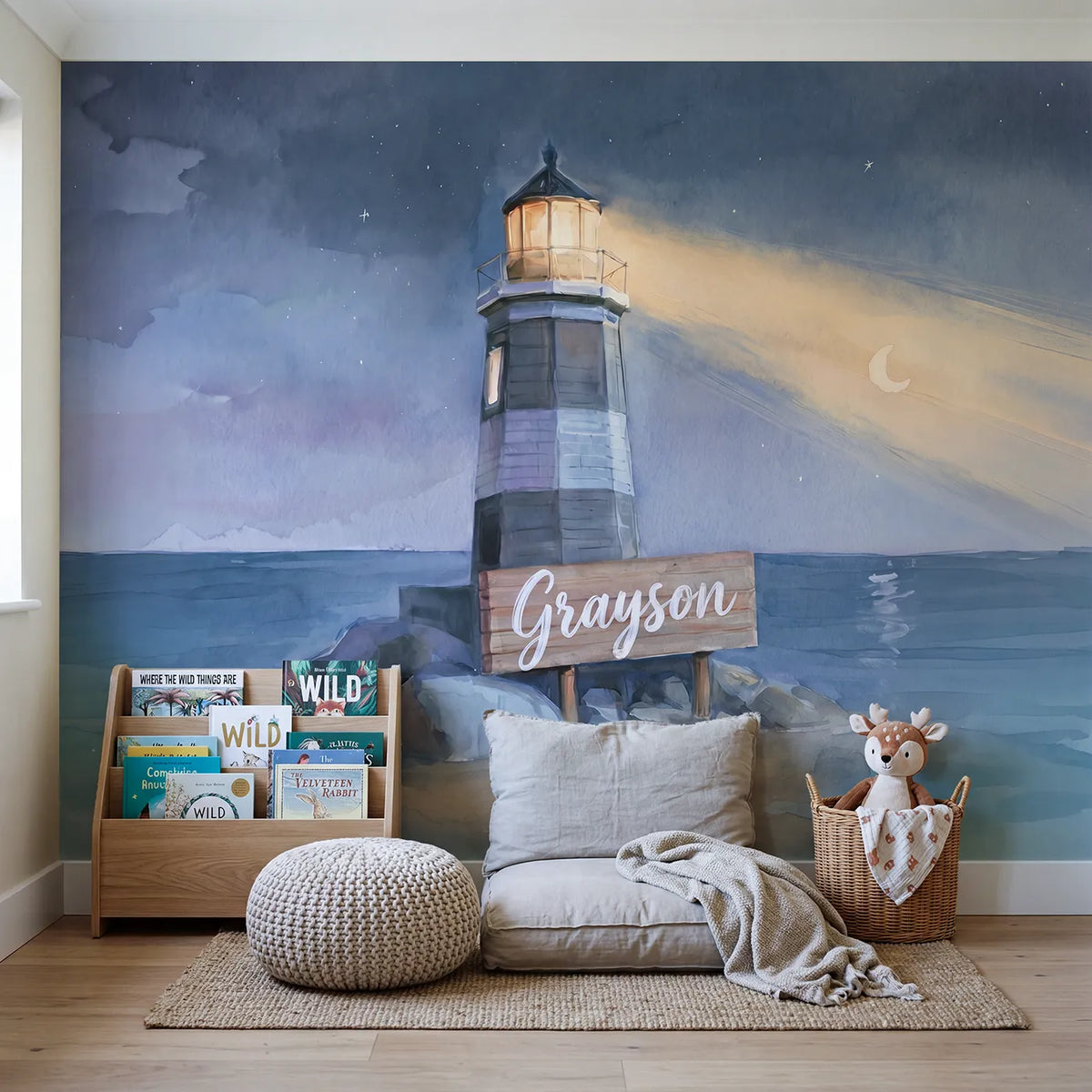 Dreamy Coastal Lighthouse Personalized Wall Mural in playroom setting by Whimsy Tots