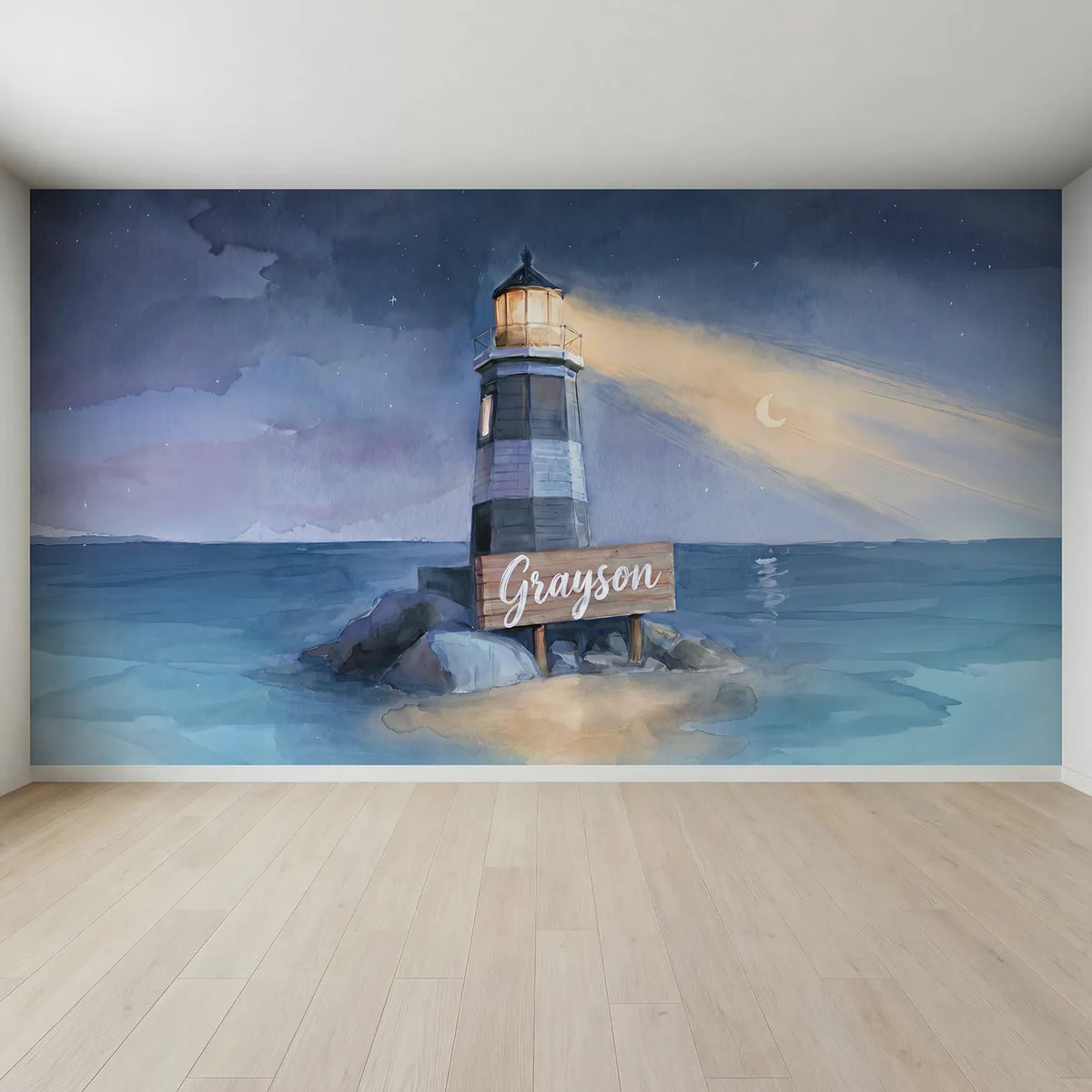 Full view of Dreamy Coastal Lighthouse Personalized Wall Mural by Whimsy Tots