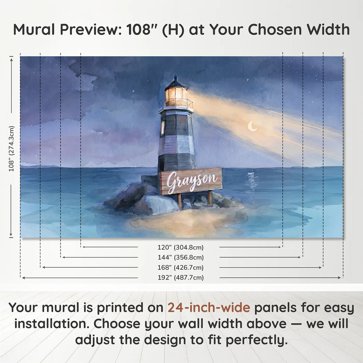 Panel layout and dimensions for Dreamy Coastal Lighthouse Personalized Wall Mural by Whimsy Tots