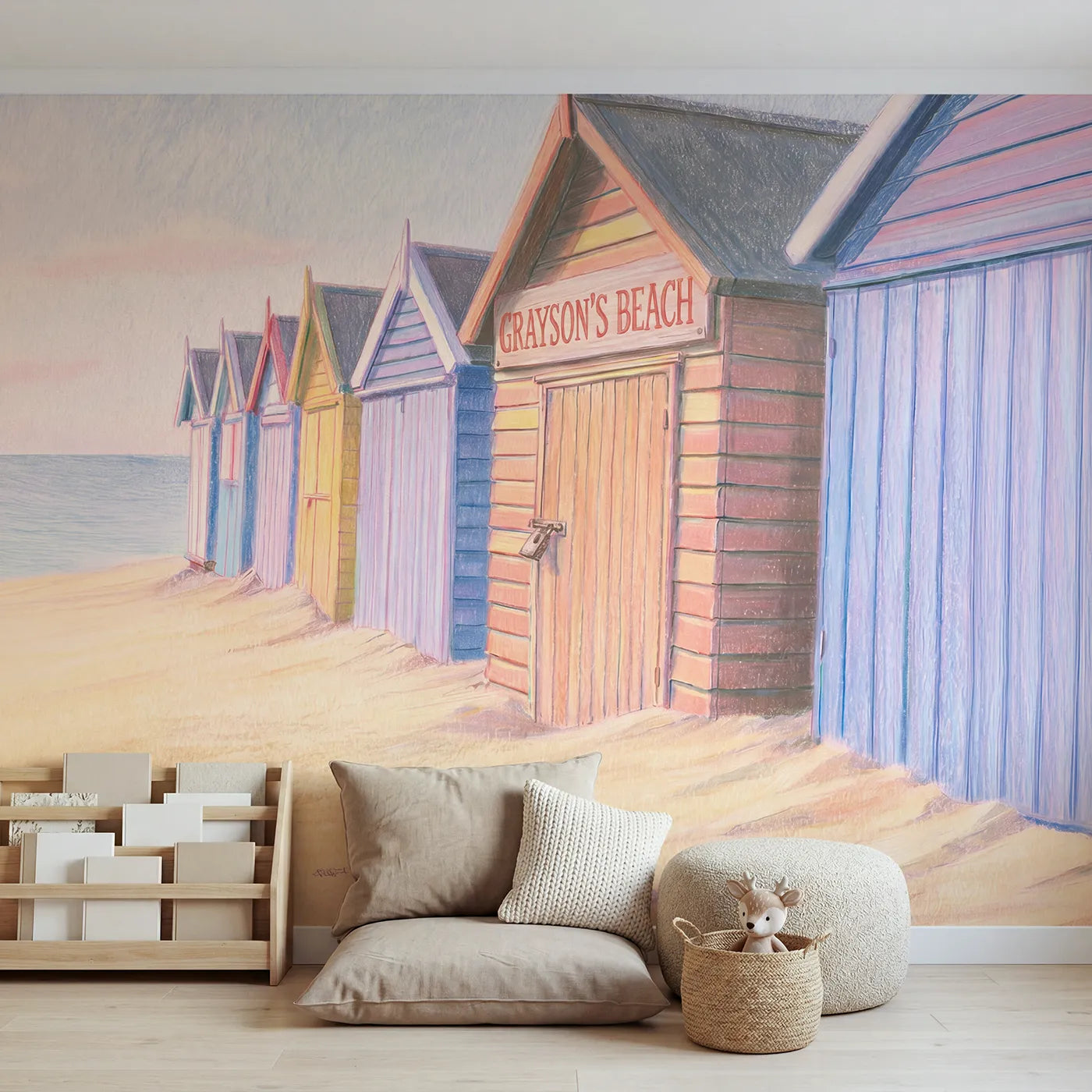 Colored Pencil beach huts personalized wall mural with name on a door for a kids room by Whimsy Tots