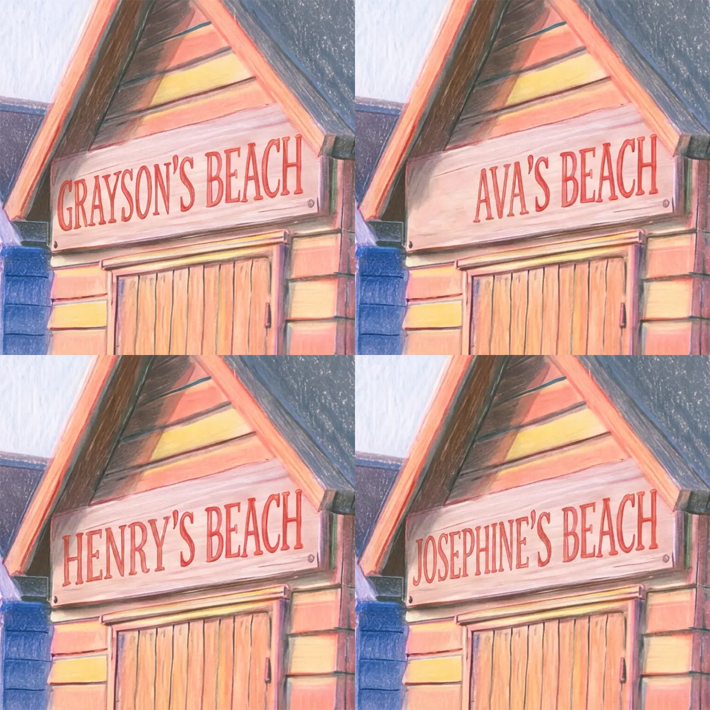 Four name preview examples of Pastel Beach Huts Personalized Wall Mural by Whimsy Tots