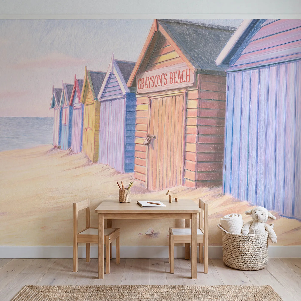 Pastel Beach Huts Personalized Wall Mural in playroom setting by Whimsy Tots