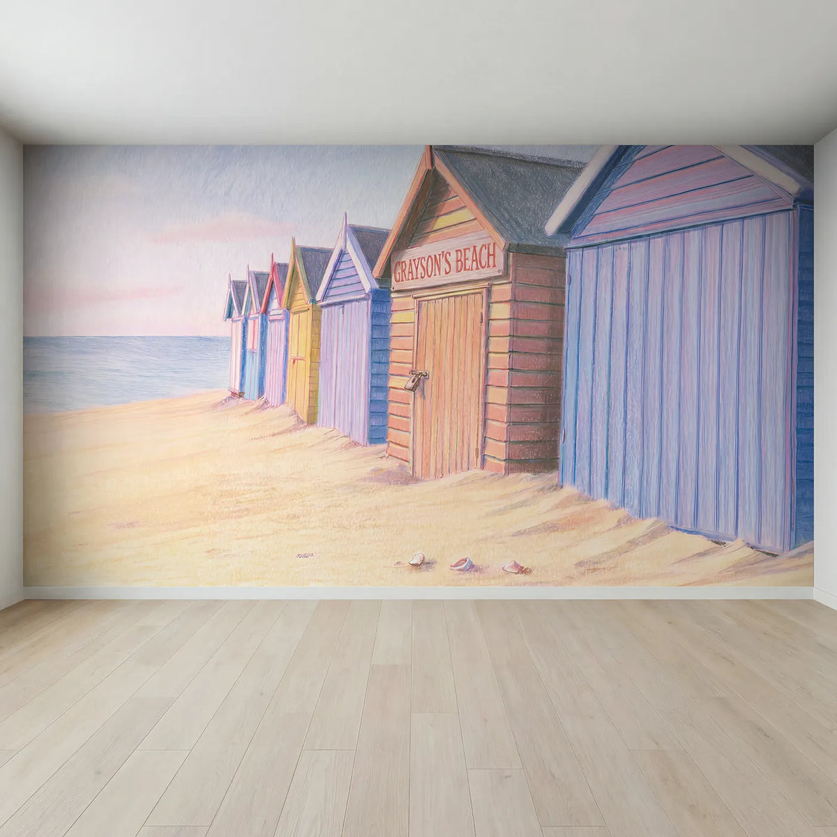 Full view of Pastel Beach Huts Personalized Wall Mural by Whimsy Tots